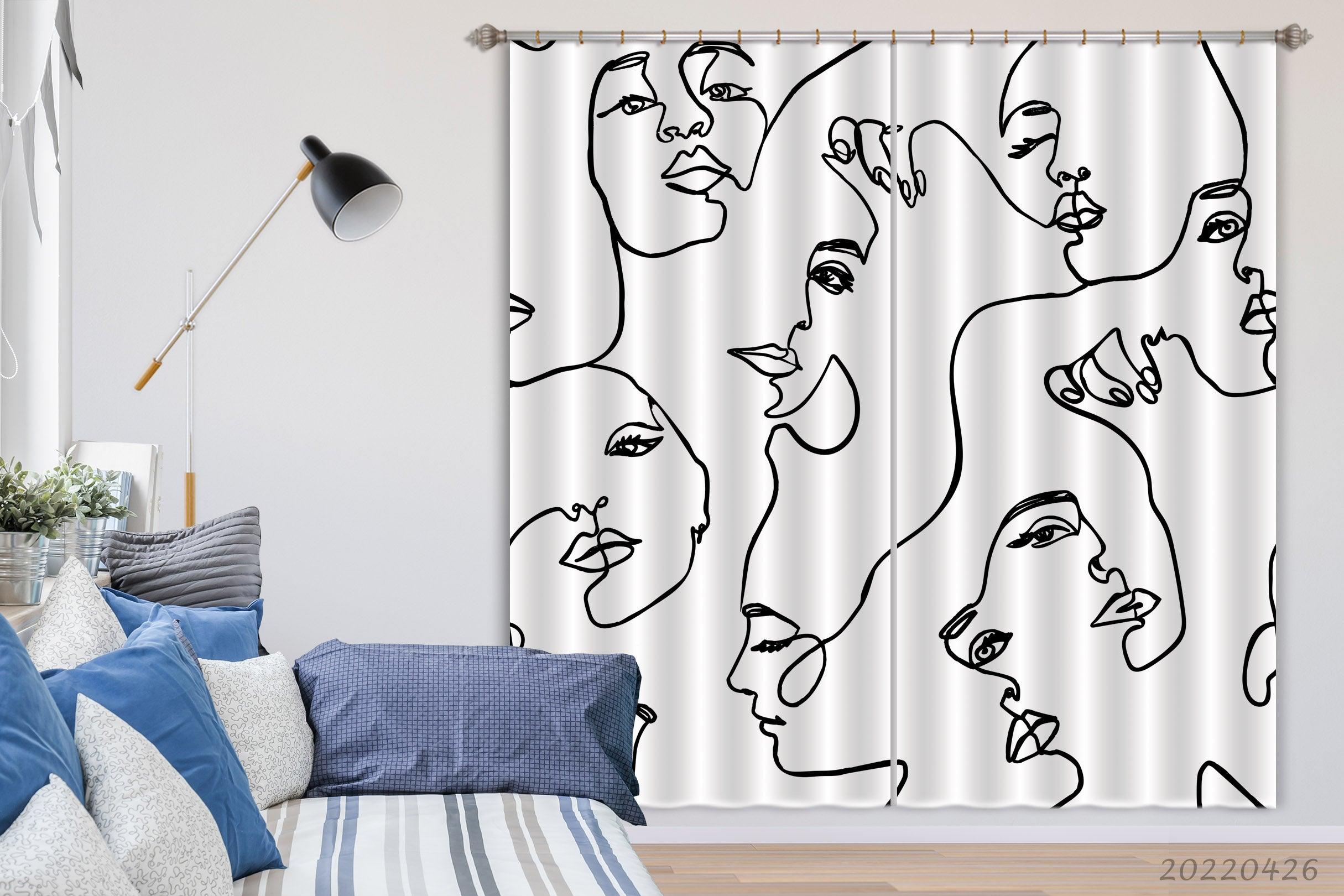 3D Abstract Art Lines Face White Background Curtains and Drapes GD 4870- Jess Art Decoration