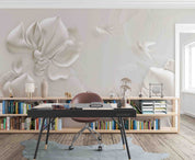 3D Embossed Floral Bird White Background Wall Mural Wallpaper GD 2711- Jess Art Decoration
