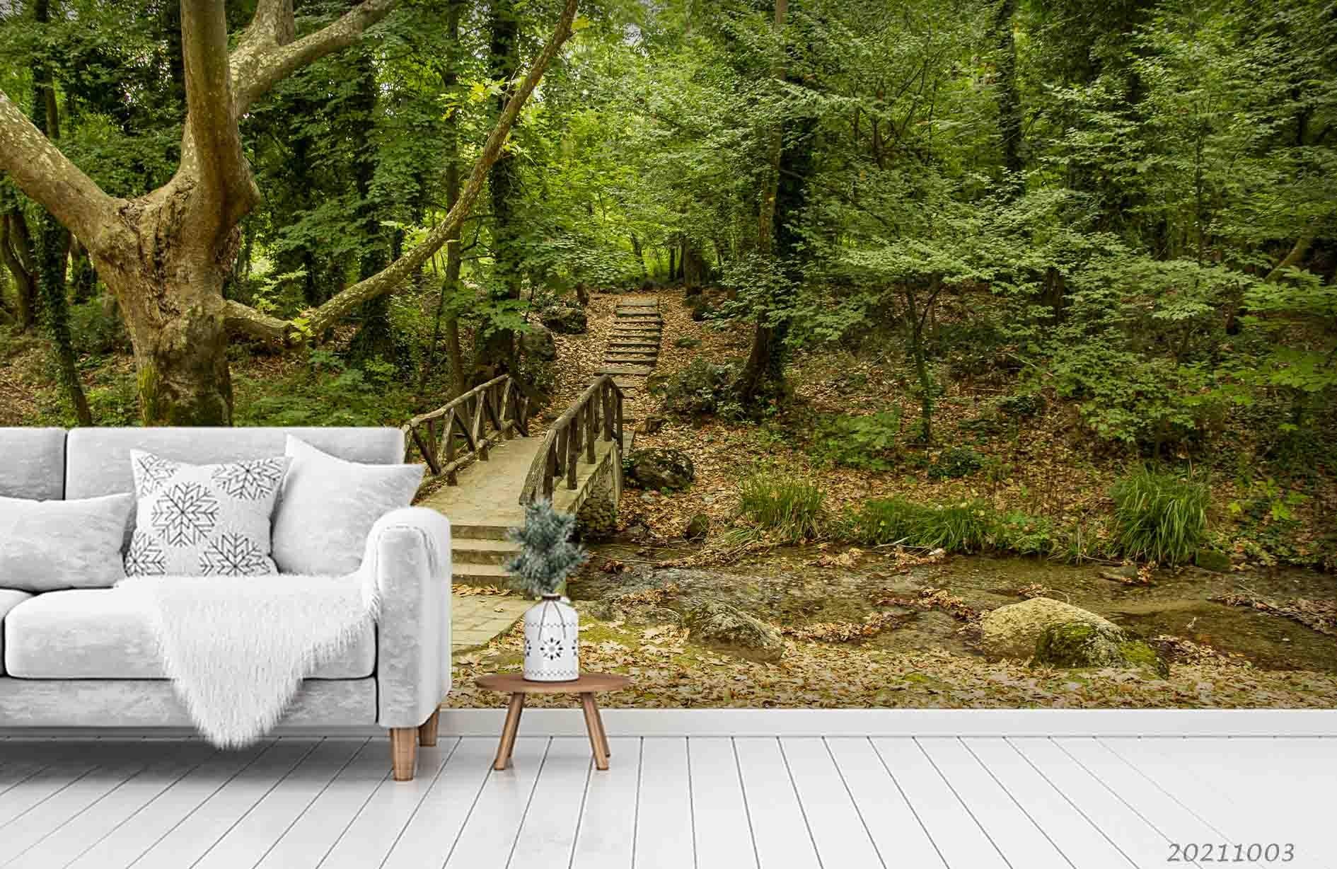 3D Landscape Green Forest Wooden Bridge Road Wall Mural Wallpaper LQH 543- Jess Art Decoration