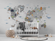 3D Grey World Map Animals Wall Mural Wallpaper LQH 297- Jess Art Decoration