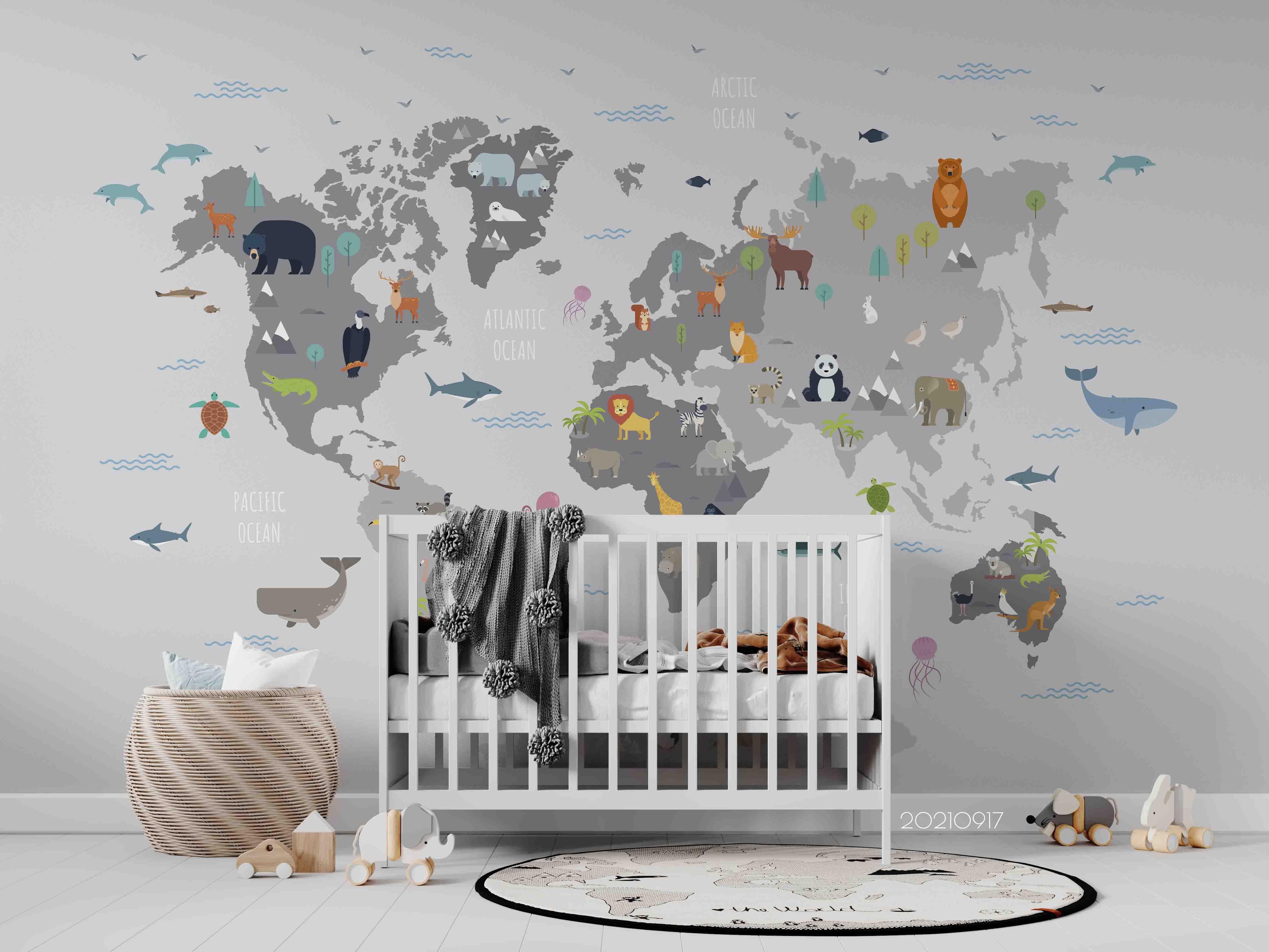 3D Grey World Map Animals Wall Mural Wallpaper LQH 297- Jess Art Decoration