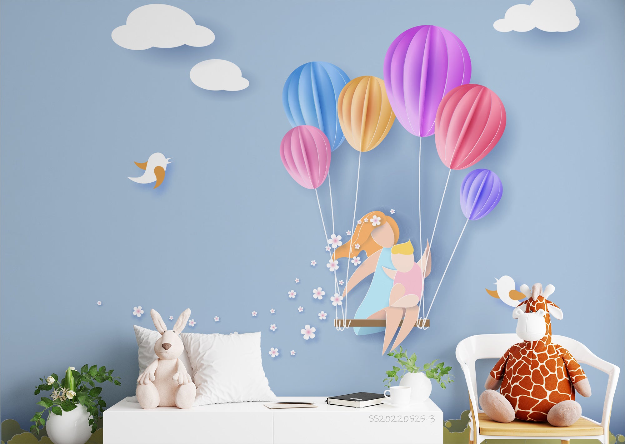 3D Cartoon Balloon Swing Sky Cloud Bird Wall Mural Wallpaper GD 287- Jess Art Decoration