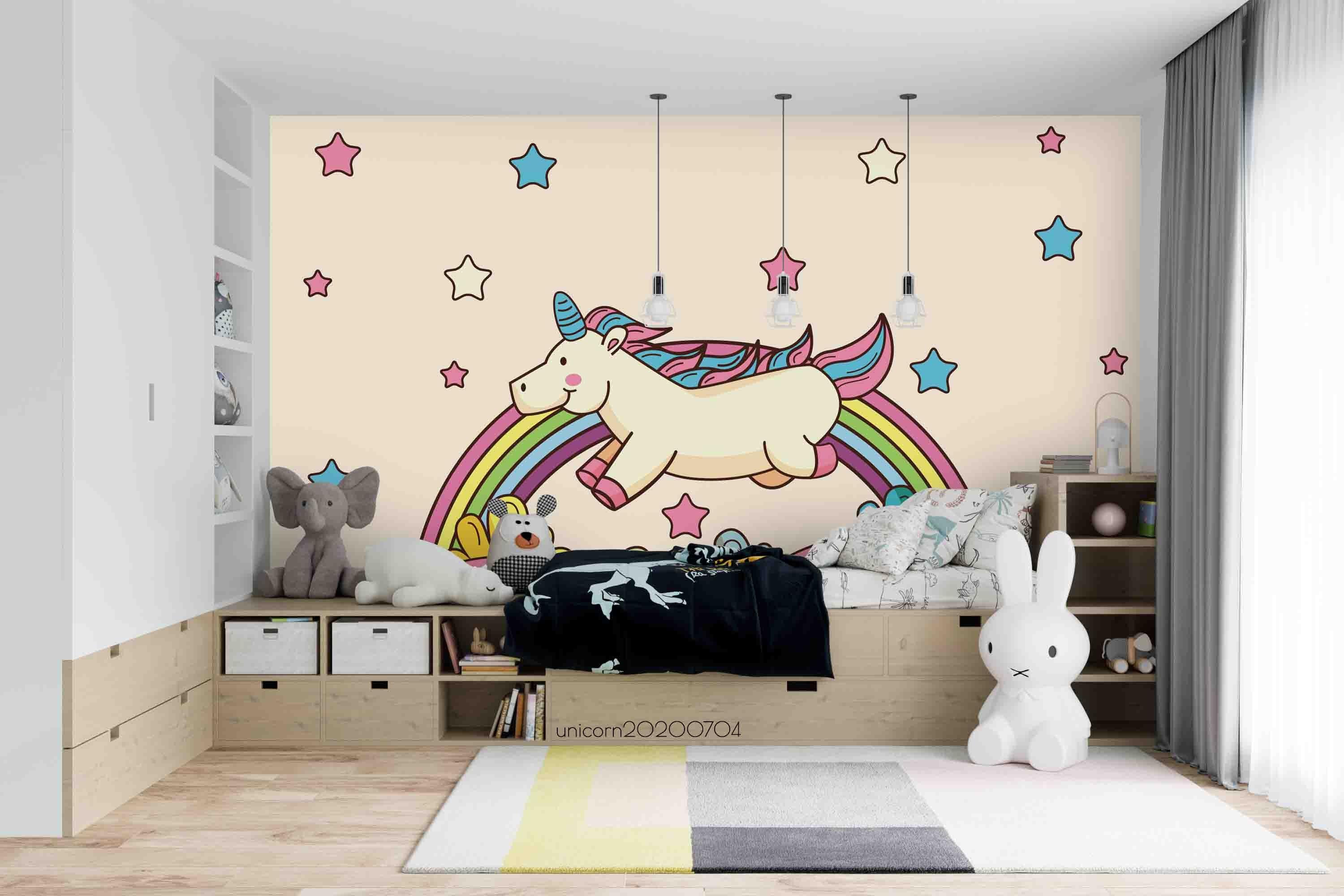 3D Cartoon Rainbow Unicorn Pink Star Wall Mural Wallpaper LXL 182- Jess Art Decoration