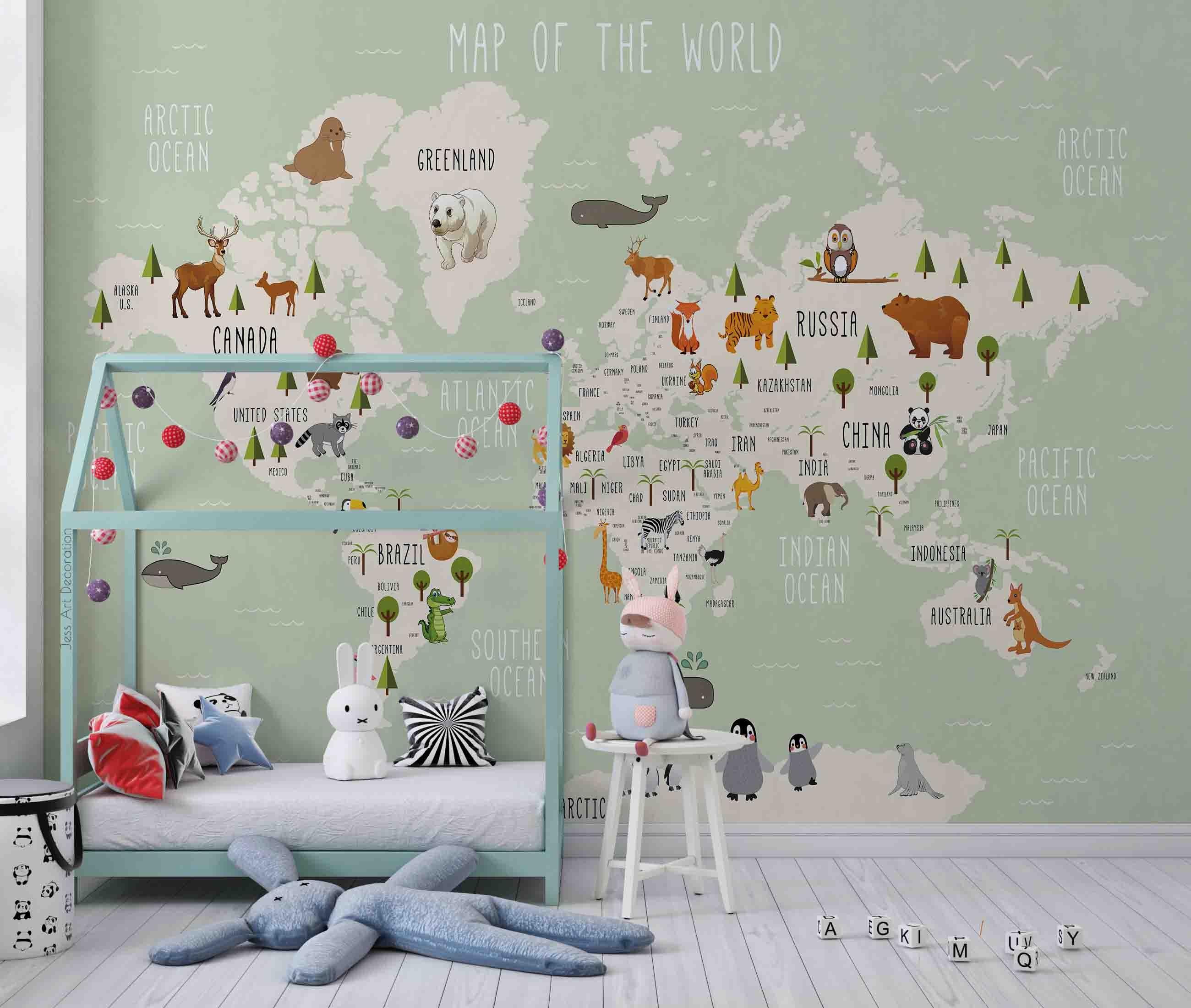 3D Cartoon Animal World Map Wall Mural Wallpaper sww 18- Jess Art Decoration