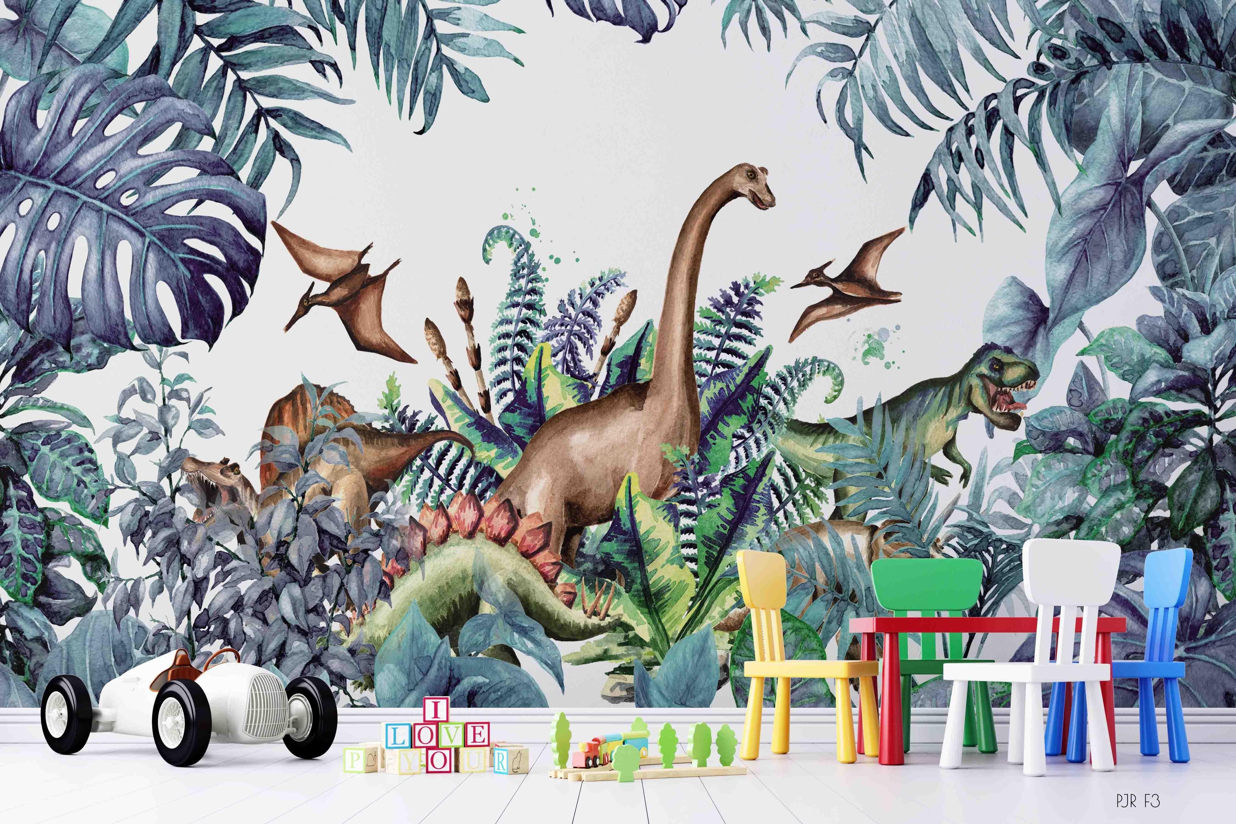3D Dinosaur Jungle hand drawn dinosaur jungle scene wall mural wallpaper for kids room
