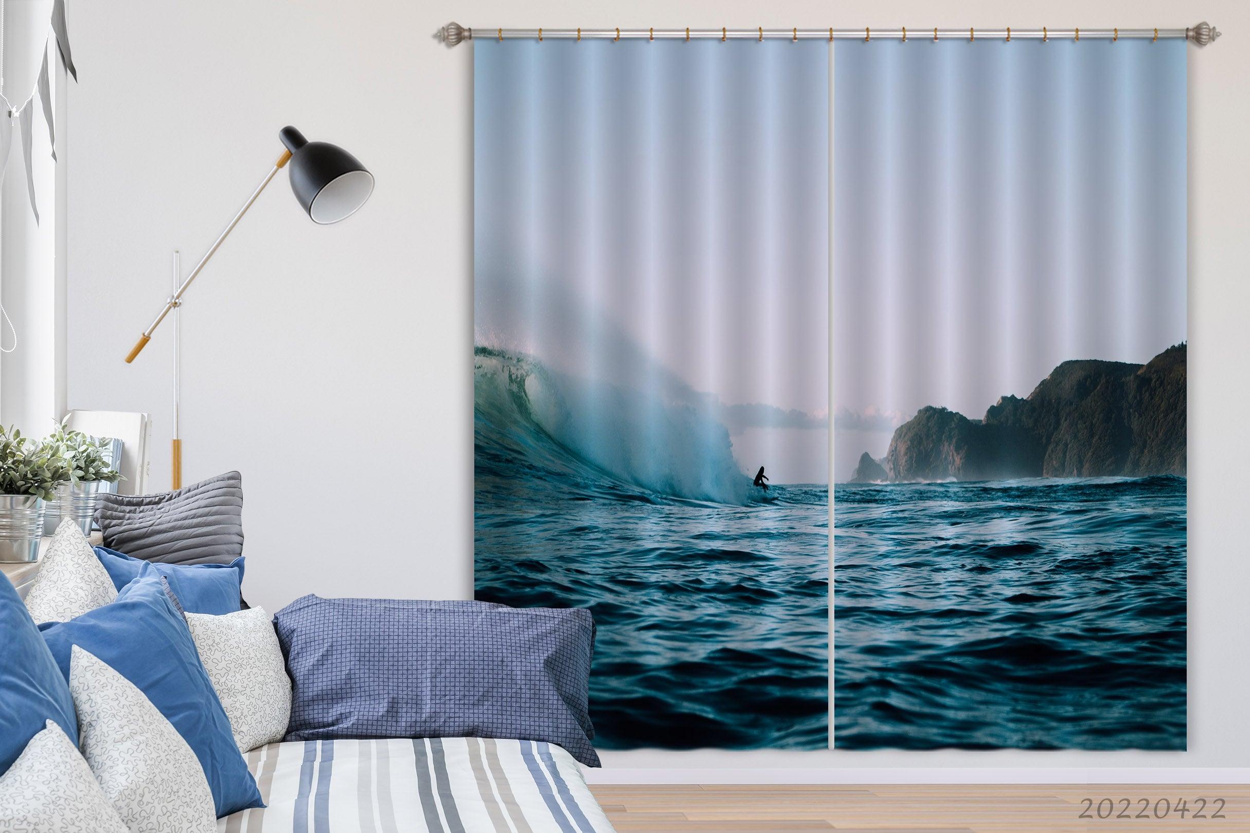 3D Ocean Big Wave Surfer People Mountain Cloud Curtains and Drapes GD 4185- Jess Art Decoration