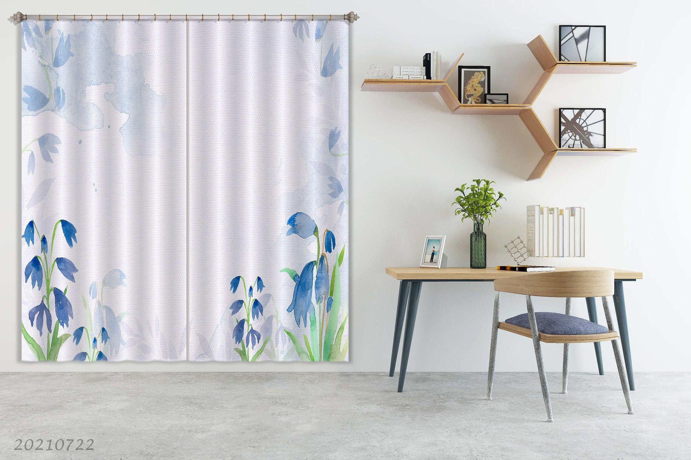 3D Watercolor Blue Floral Curtains and Drapes LQH 269- Jess Art Decoration