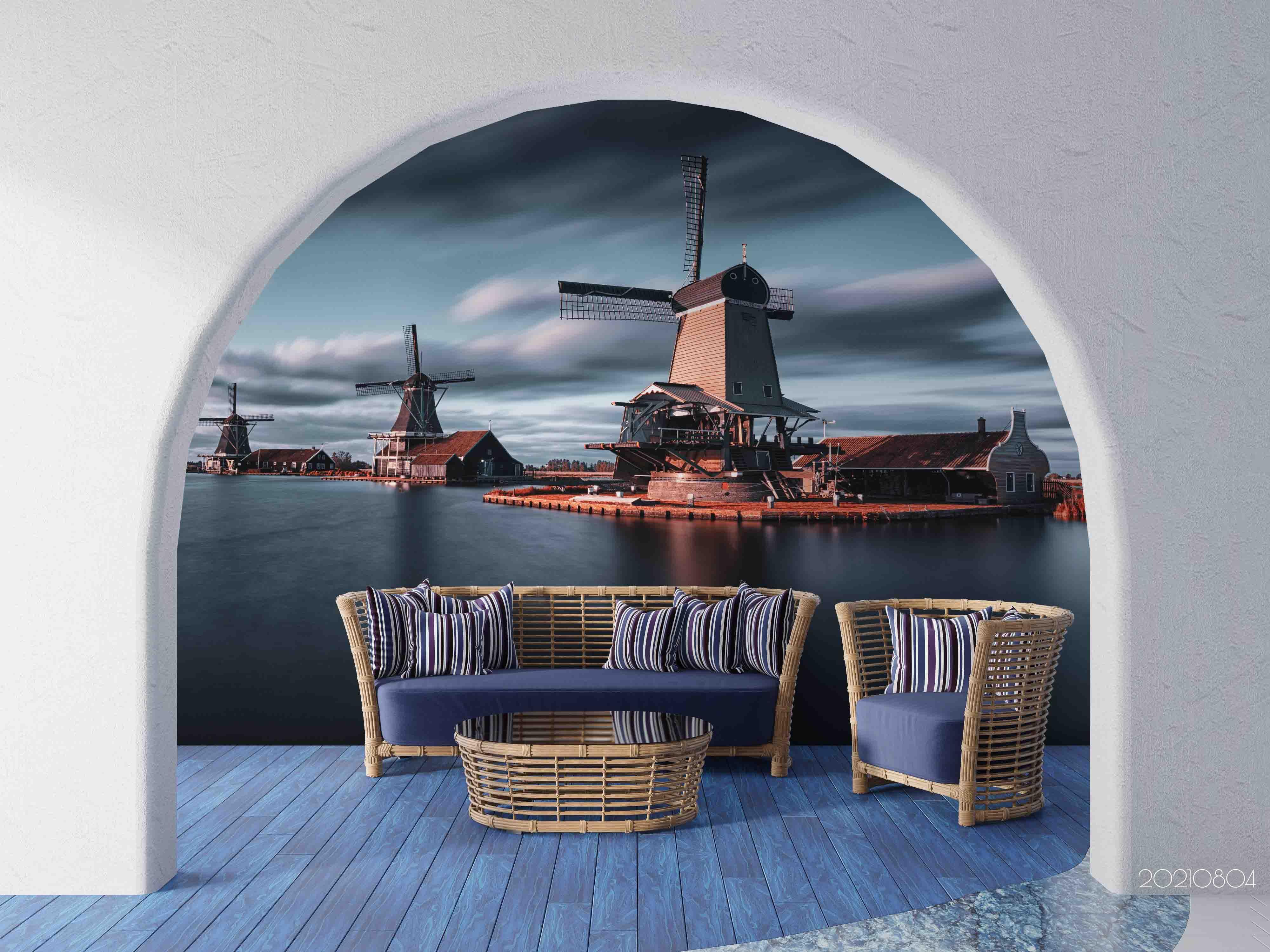 3D Near Sea Town Windmill Wall Mural Wallpaper SWW5000- Jess Art Decoration