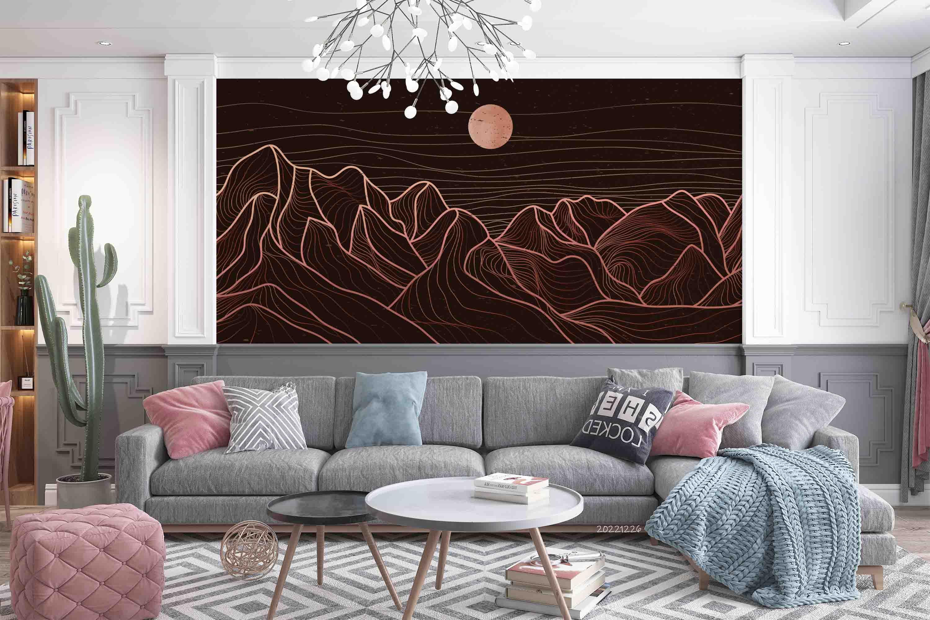 3D Modern Abstract Golden Line Art Mountain Sun Wall Mural Wallpaper GD 1974- Jess Art Decoration