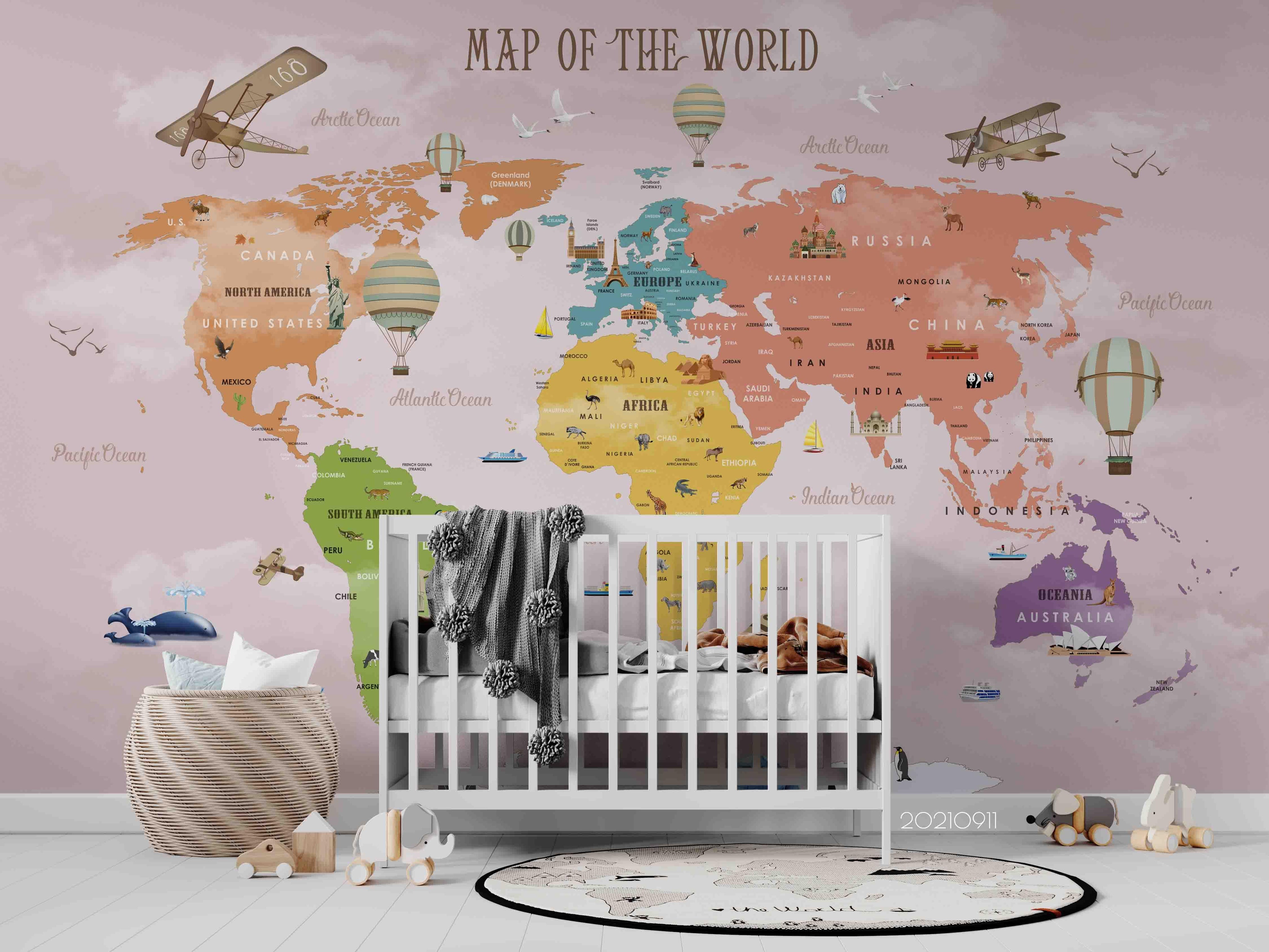 3D Color World Map Airplane Kids Wall Mural Wallpaper LQH 716- Jess Art Decoration