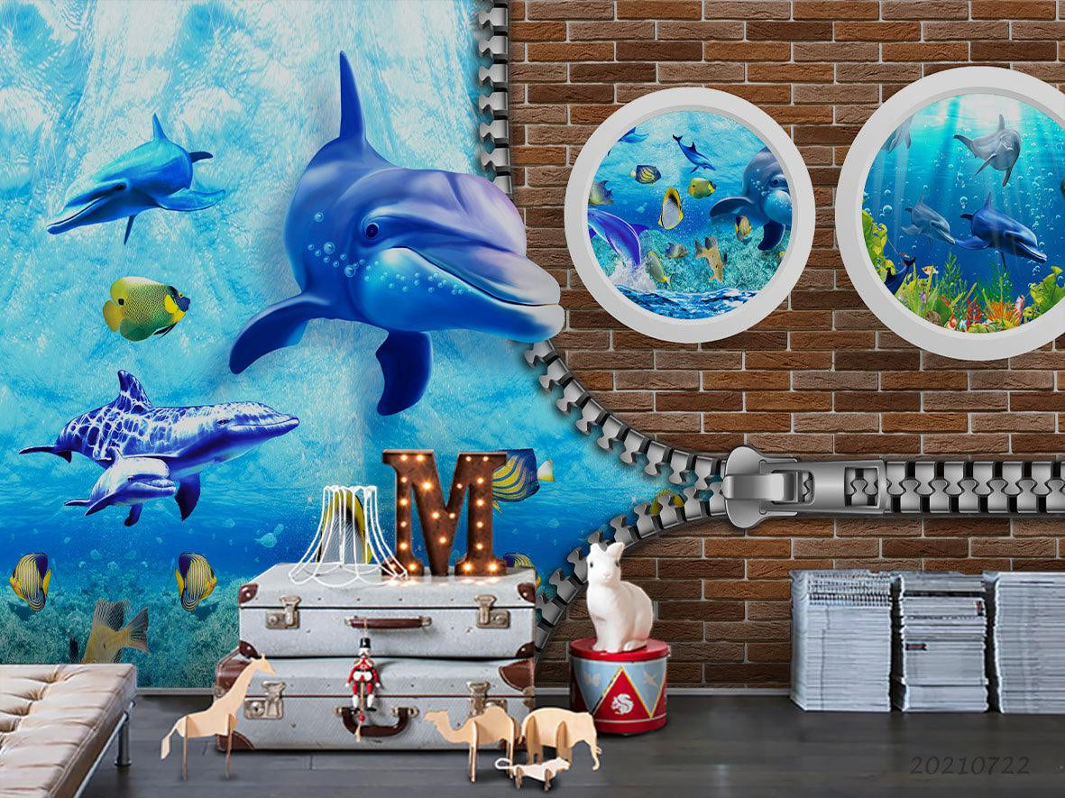 3D Dolphin Underwater World Wall Mural Wallpaper LQH 337- Jess Art Decoration