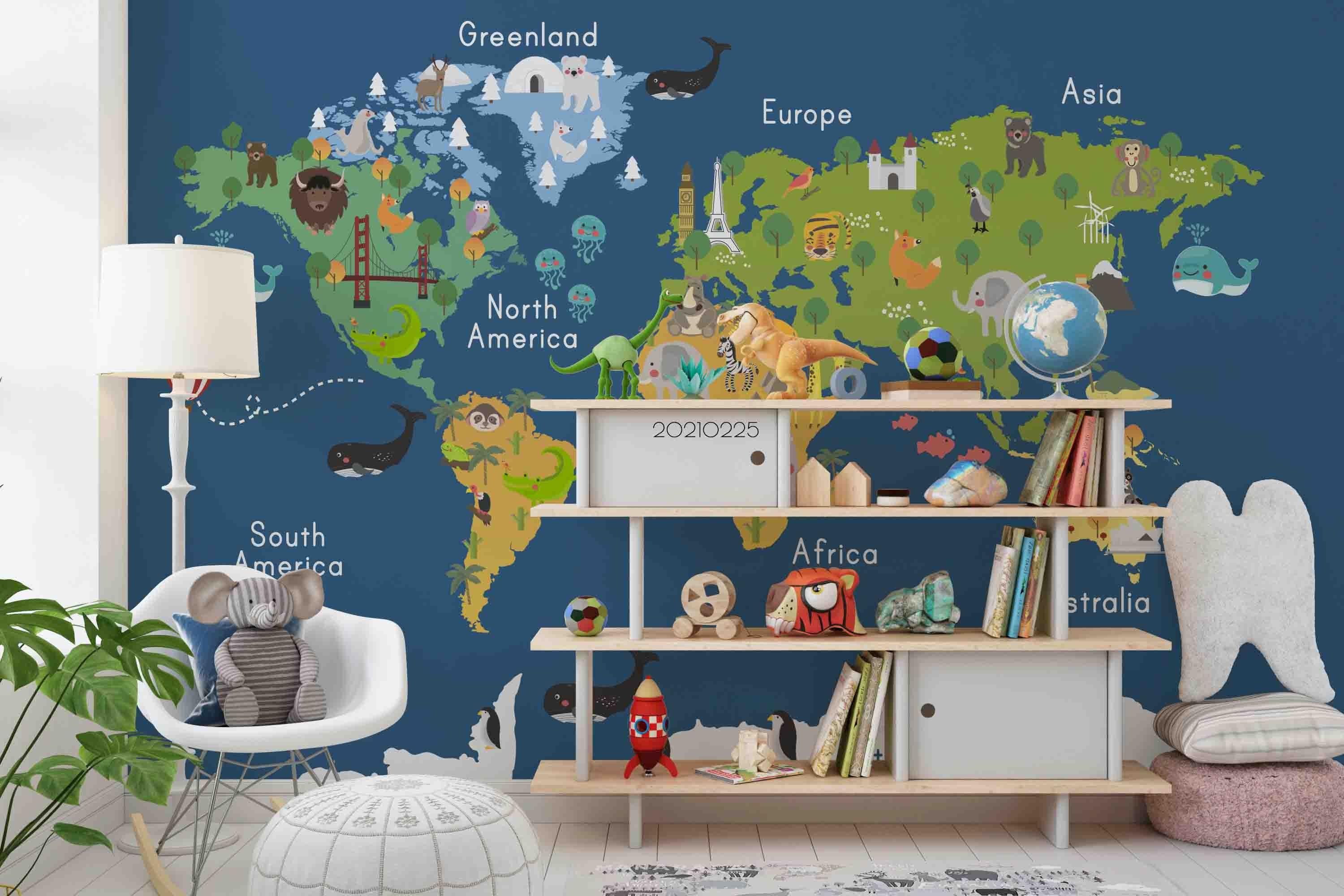 3D Cartoon Blue World Map Wall Mural Wallpaper LQH 212- Jess Art Decoration