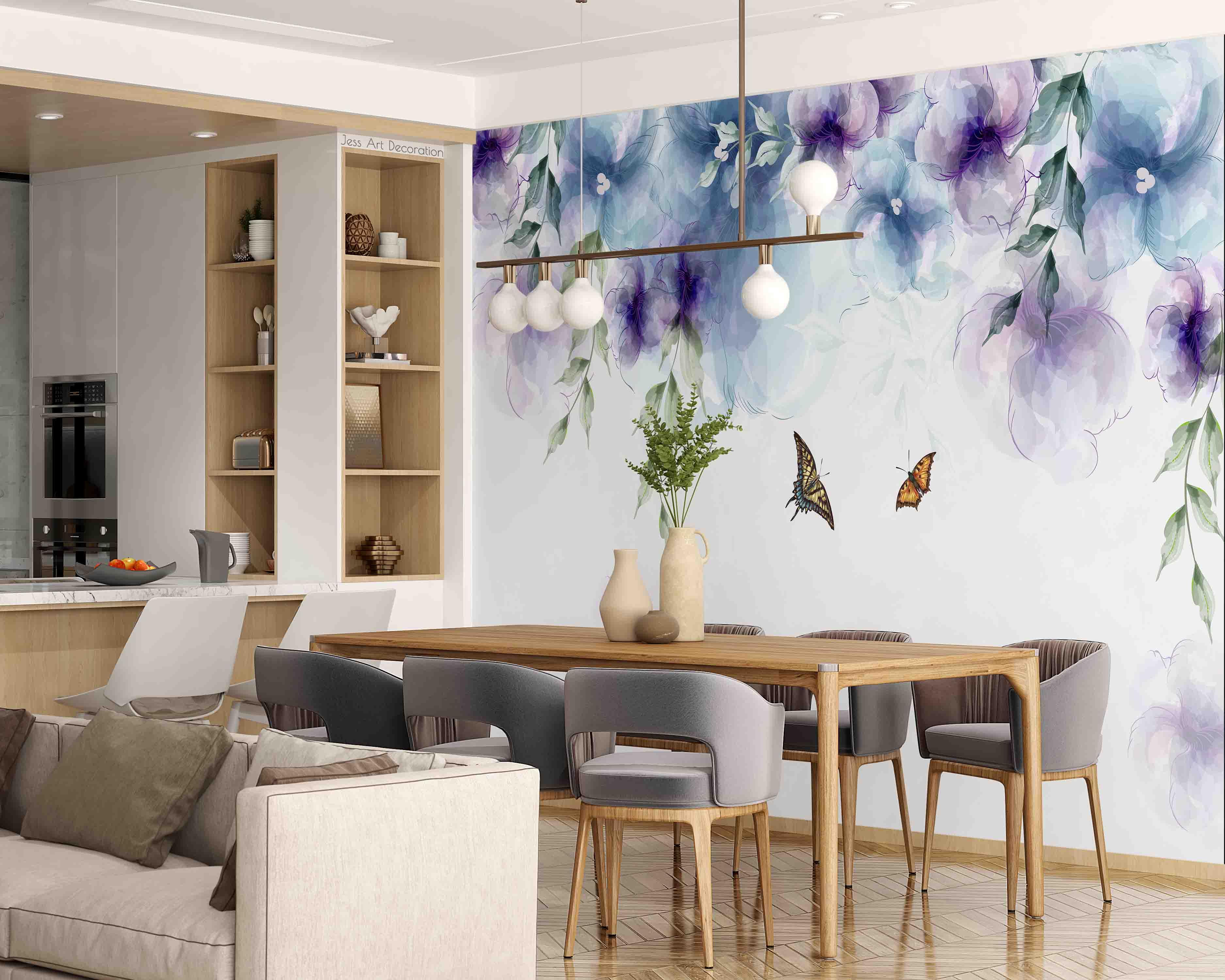 3D Purple Flower Green Leaf Butterfly Watercolor Wall Mural Wallpaper GD 2903- Jess Art Decoration