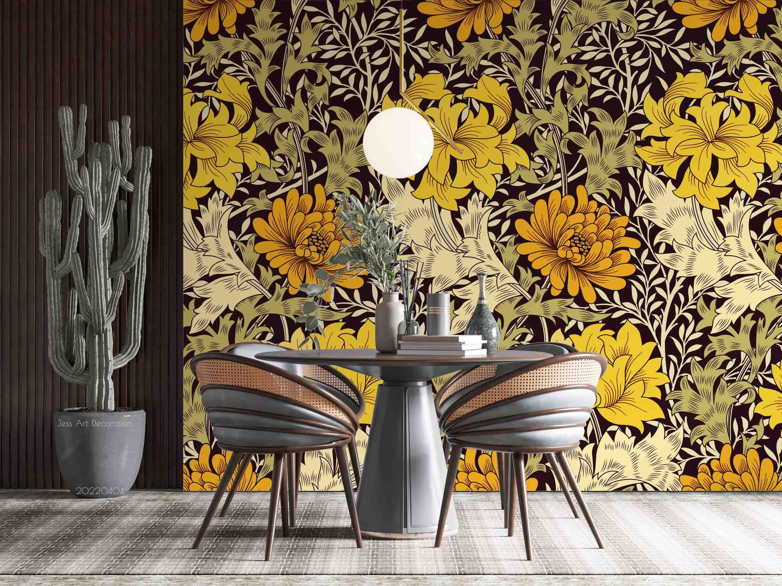 3D Vintage Leaf Floral Yellow Wall Mural Wallpaper GD 3970- Jess Art Decoration