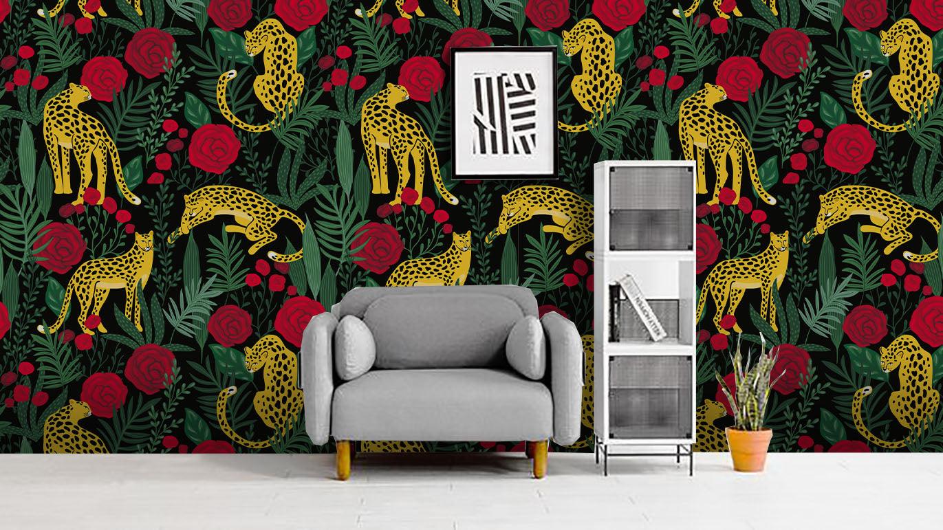 3D Leopard Red Flowers Green leaves Wall Mural Wallpaper 60- Jess Art Decoration