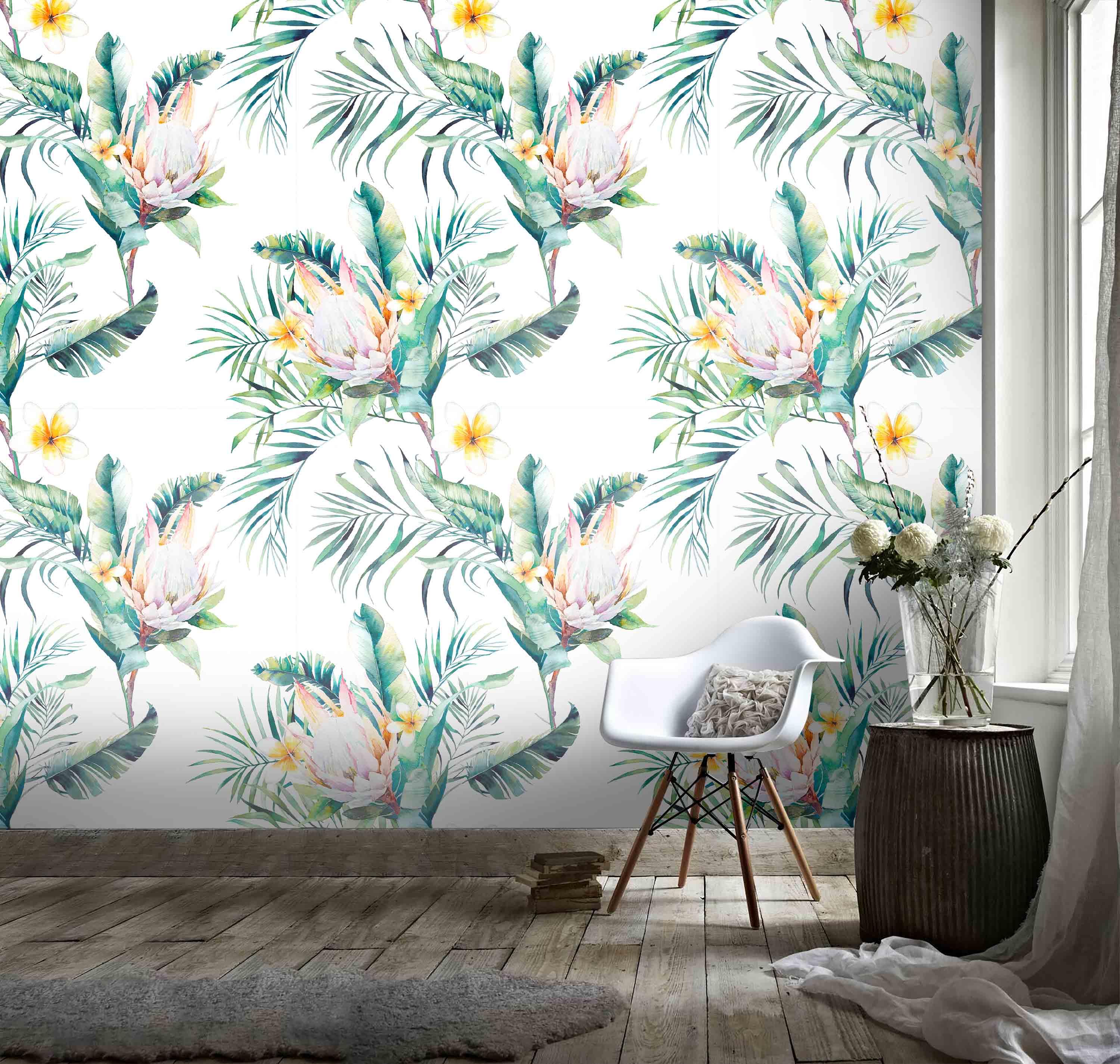 3D White Background Tropical Plants Flowers Wall Mural Wallpaper 100- Jess Art Decoration