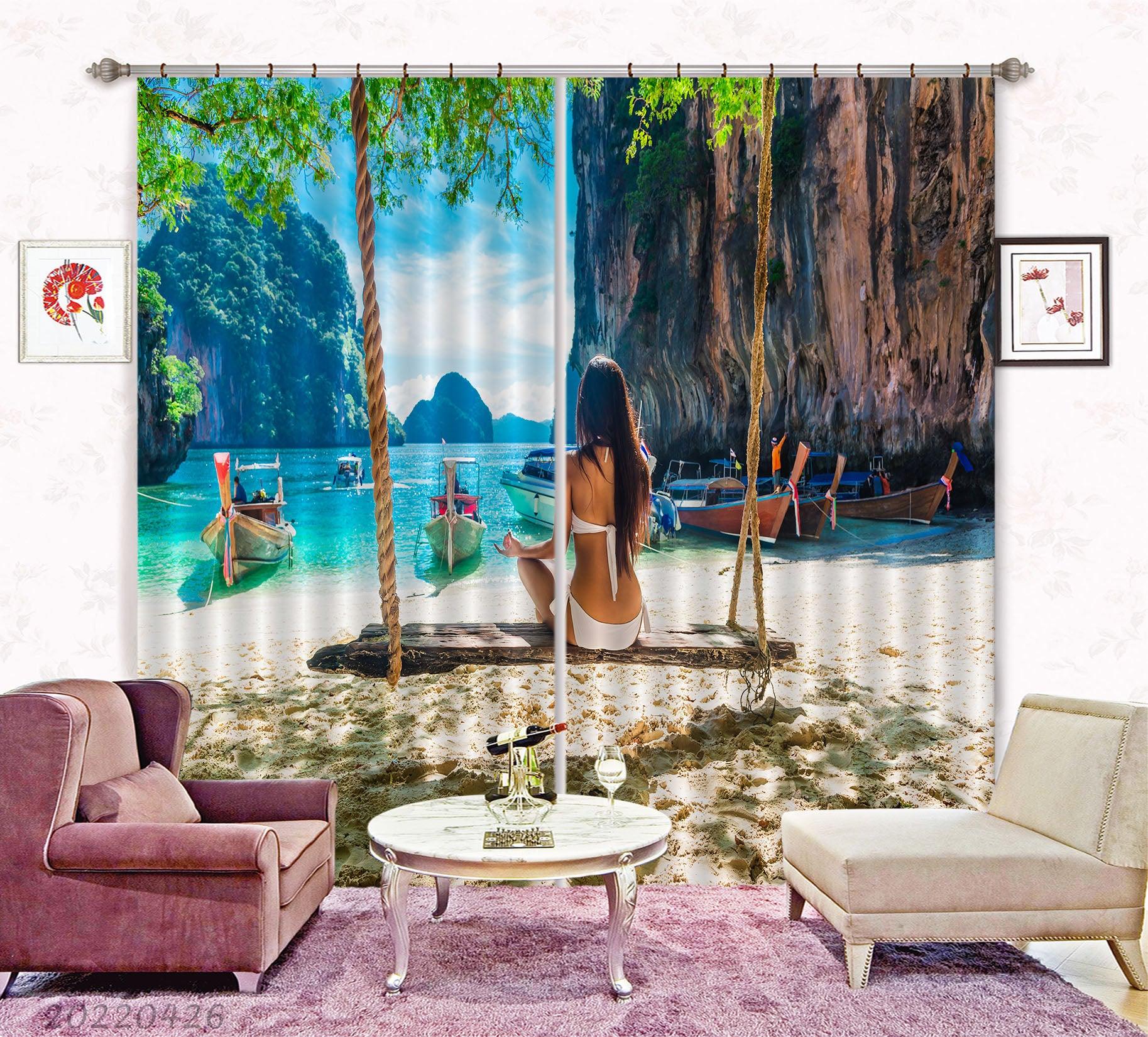 3D Landscape Ocean Beach Boat Woman Swing Curtains and Drapes GD 4772- Jess Art Decoration