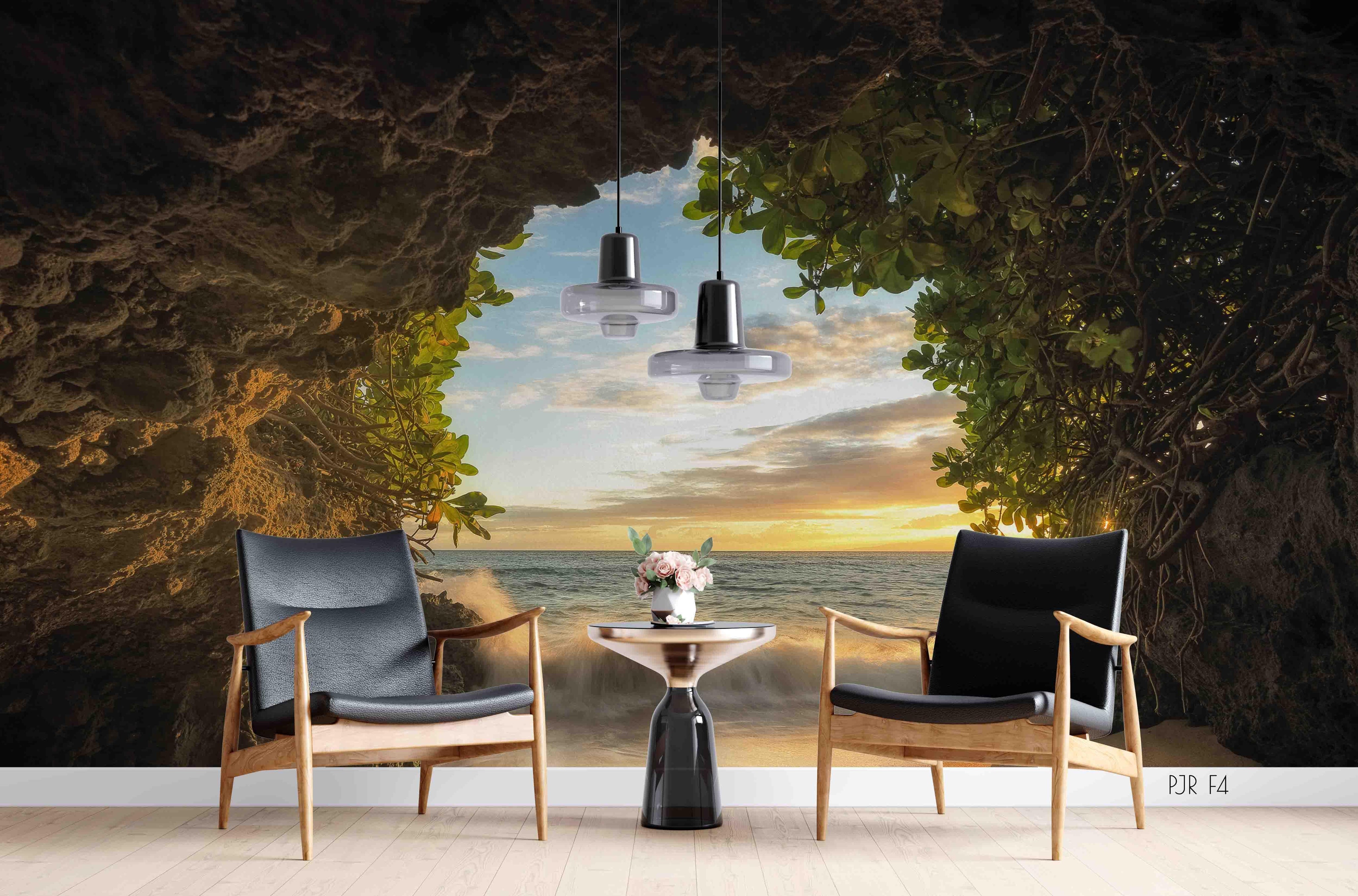 3D Cave Sunset Nature cave sunset coastal landscape wall mural wallpaper for bedroom - view 4