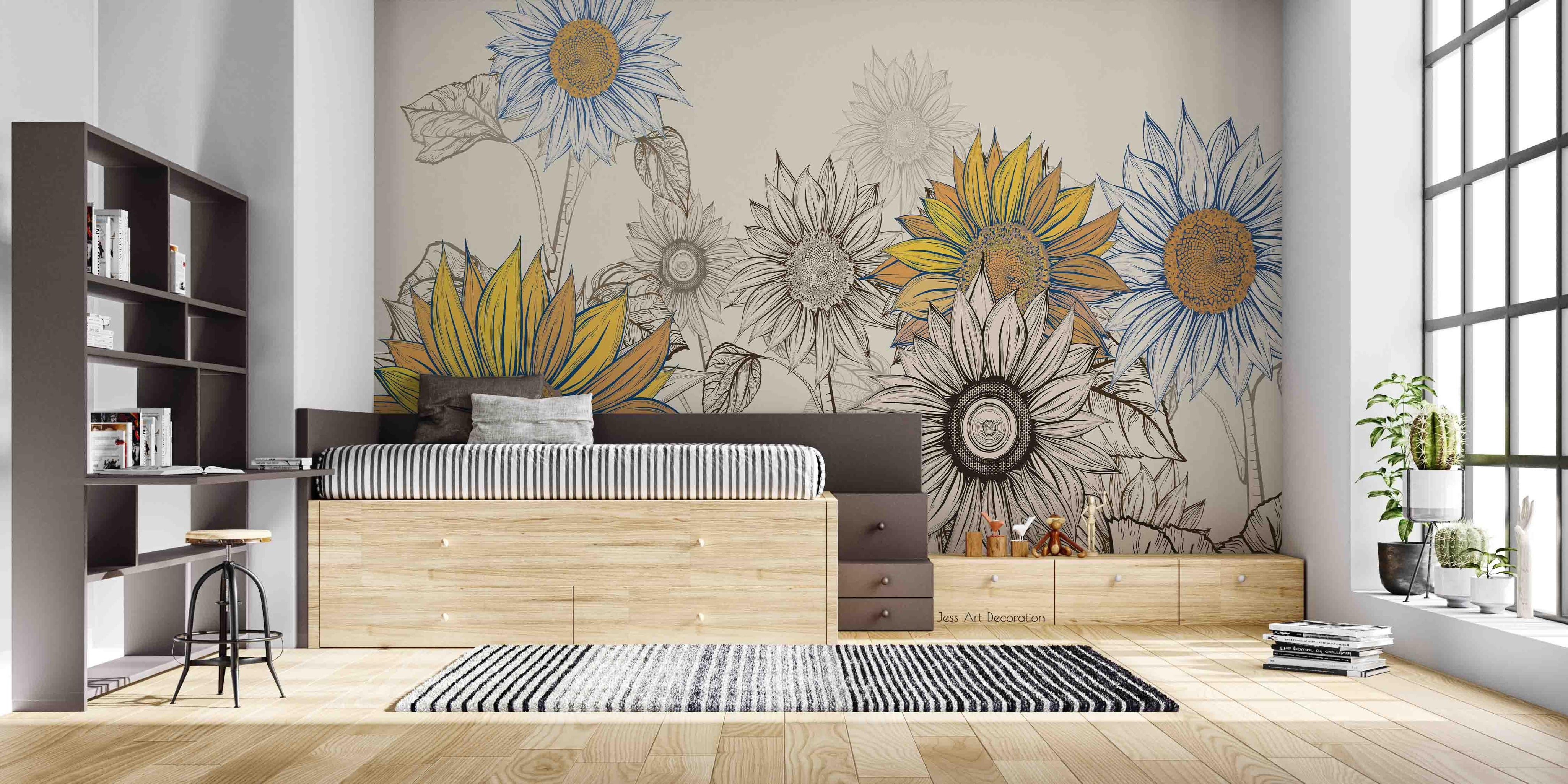3D Hand Draw Sunflower Wall Mural Wallpaper sww  217- Jess Art Decoration