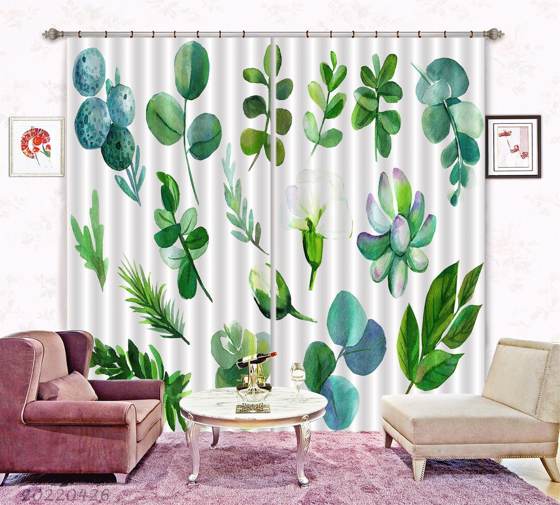 3D Watercolor Green Plant Leaf Floral Curtains and Drapes GD 4758- Jess Art Decoration