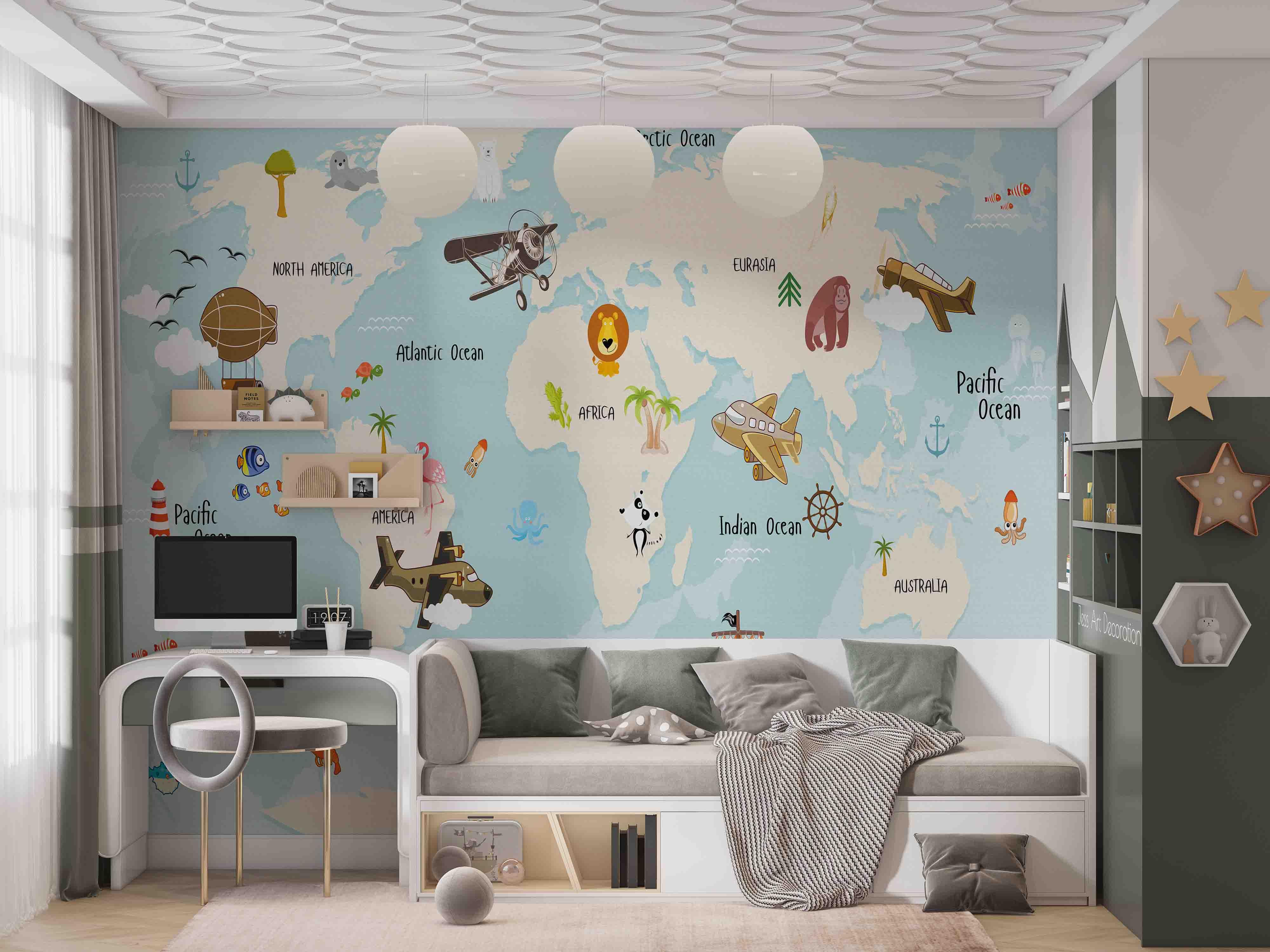 3D World Map Vehicle Animal Wall Mural Wallpaper GD 2690- Jess Art Decoration