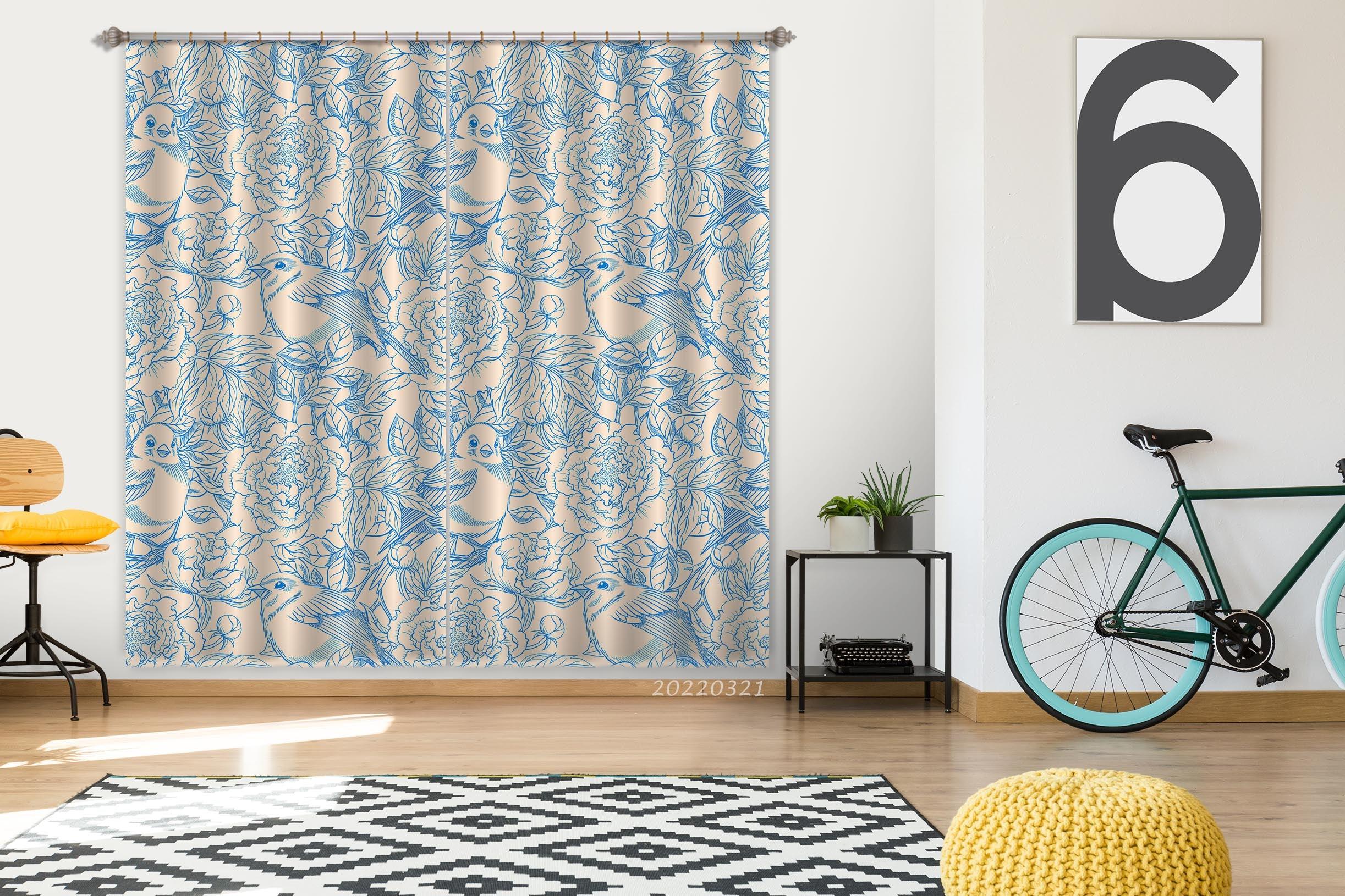 3D Abstract Blue Bird Plant Floral Pattern Curtains and Drapes GD 3148- Jess Art Decoration