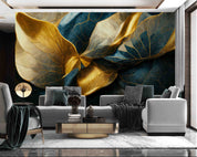 3D Vintage Gold Blue Leaf Wall Mural Wallpaper GD 1828- Jess Art Decoration