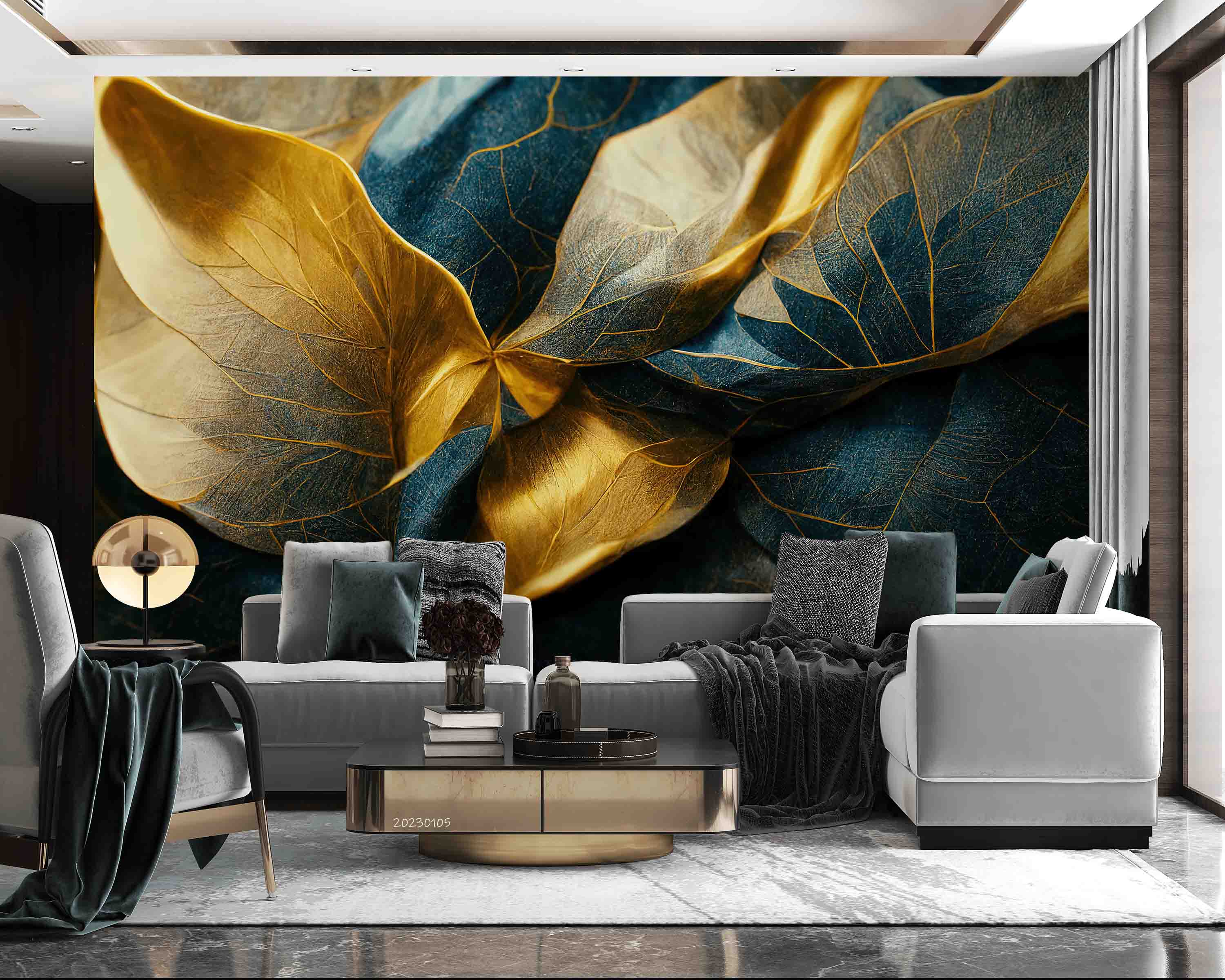 3D Vintage Gold Blue Leaf Wall Mural Wallpaper GD 1828- Jess Art Decoration