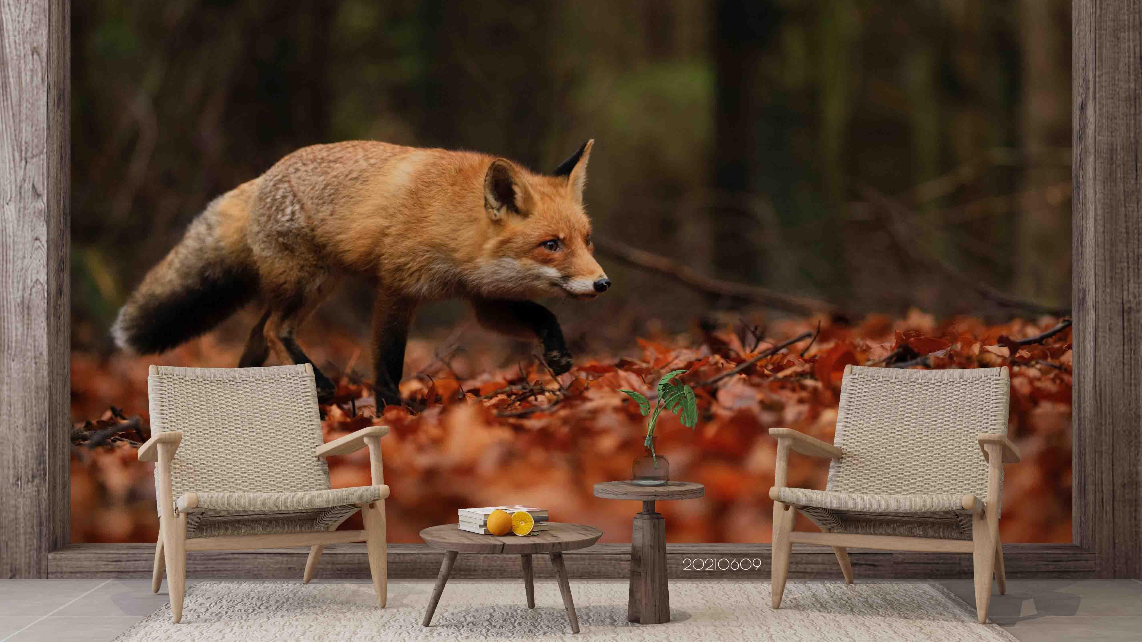 3D Forest Fox   Maple Leaf Wall Mural Wallpaper SWW1755- Jess Art Decoration