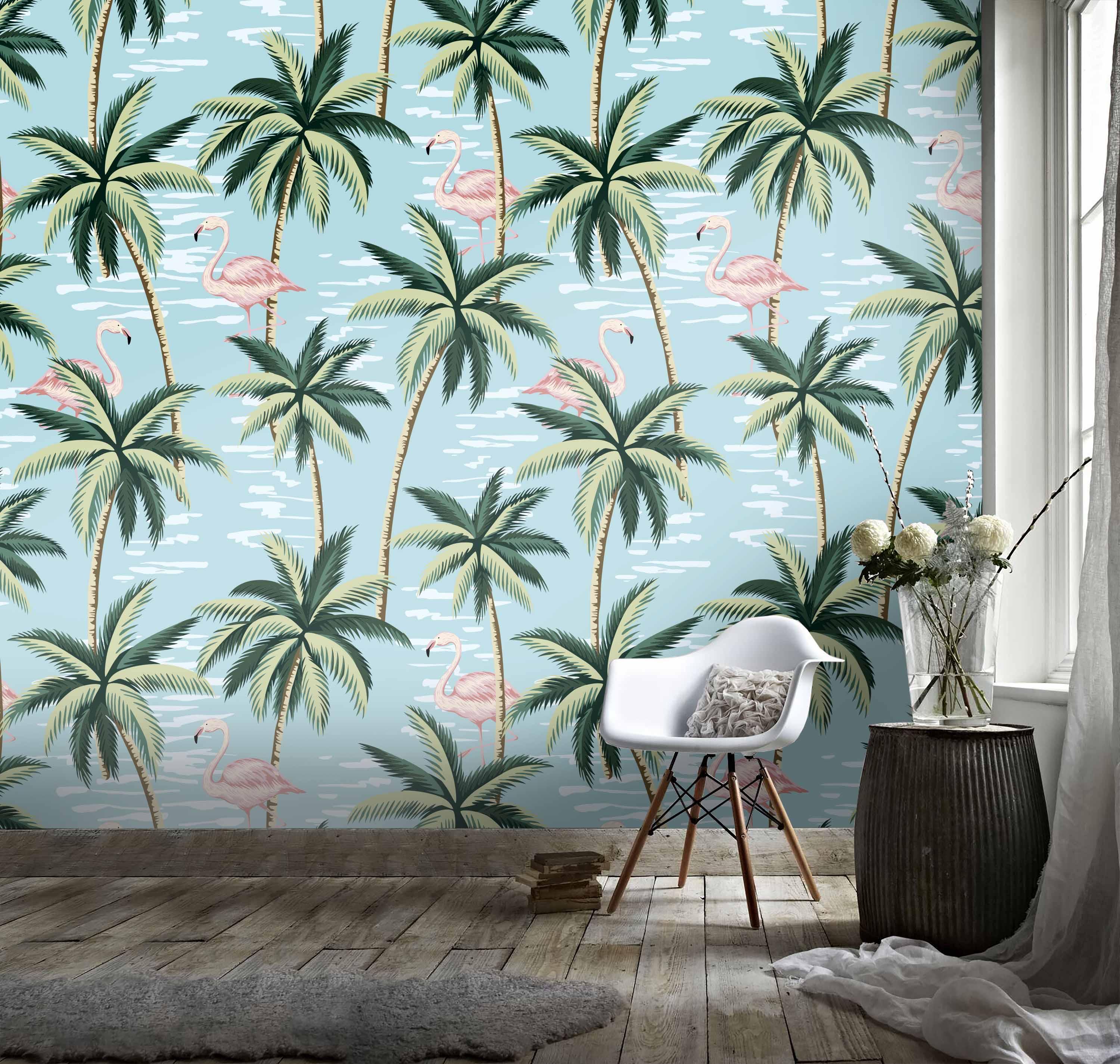 3D Tropical Plant Flamingo Blue Background Wall Mural Wallpaper 111- Jess Art Decoration