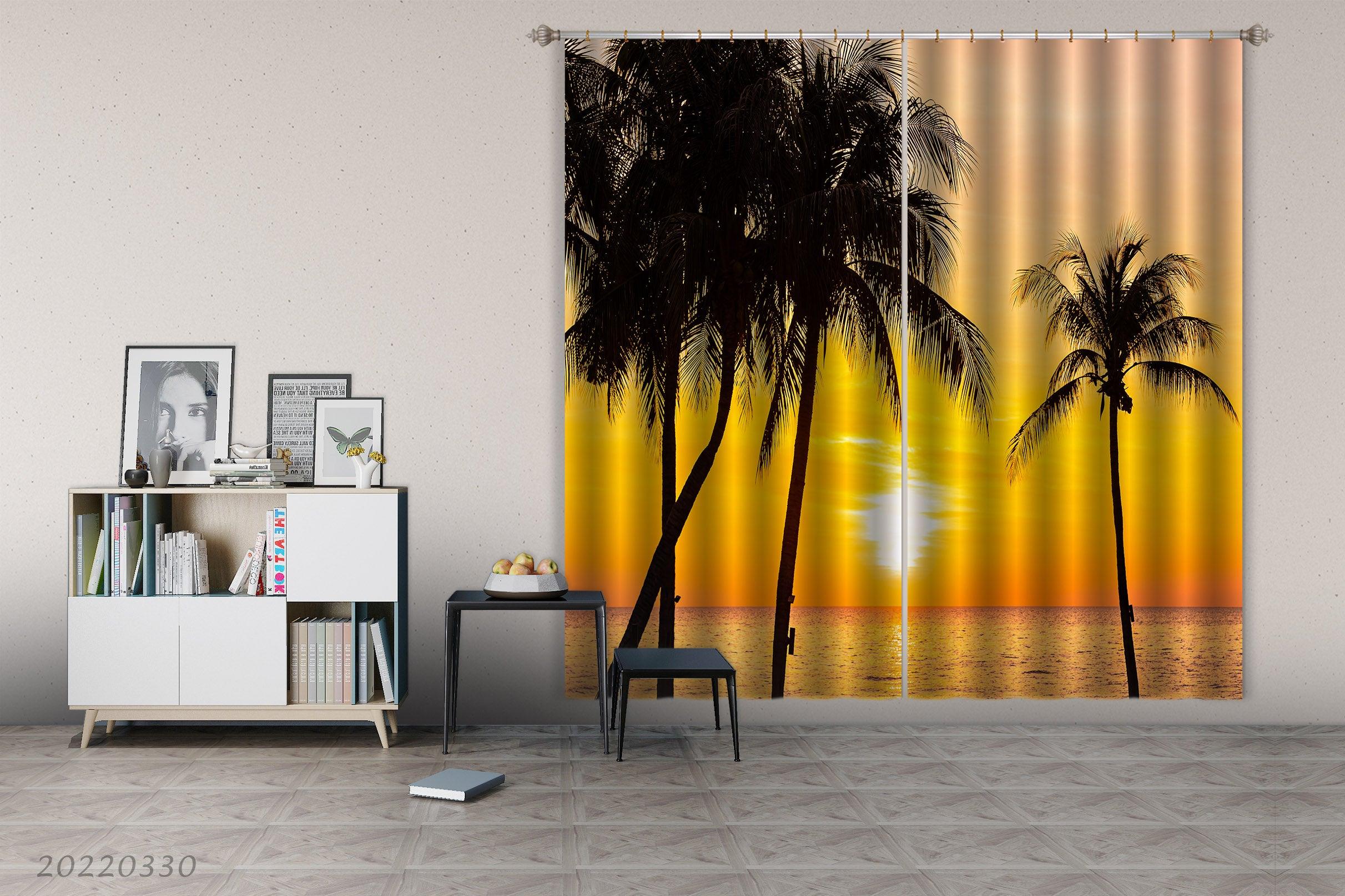 3D Landscape Ocean Silhouette Coconut Tree Sunset Curtains and Drapes GD 3751- Jess Art Decoration