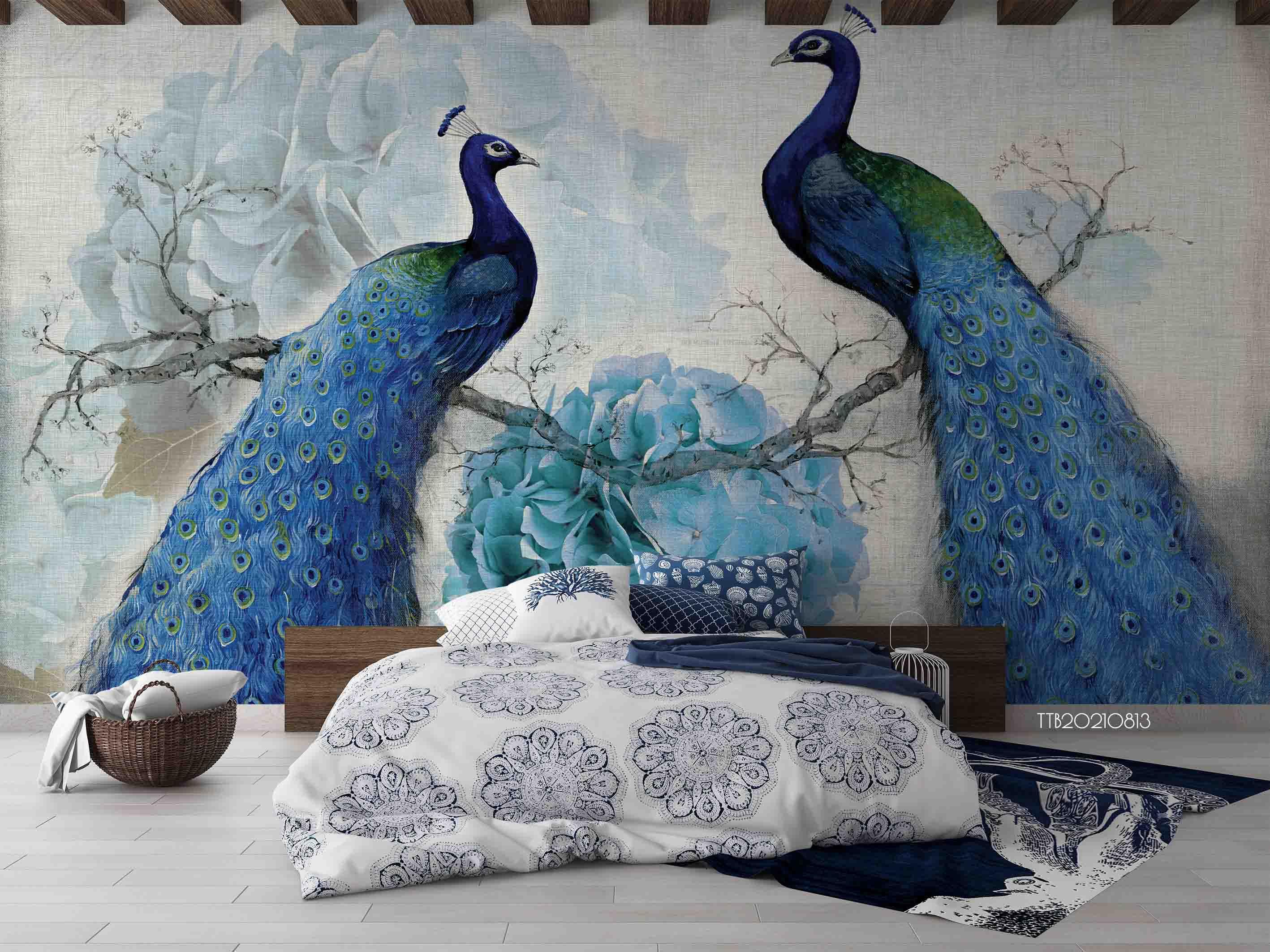3D Hand-painted Blue Peacock Floral Wall Mural Wallpaper SWW5085- Jess Art Decoration