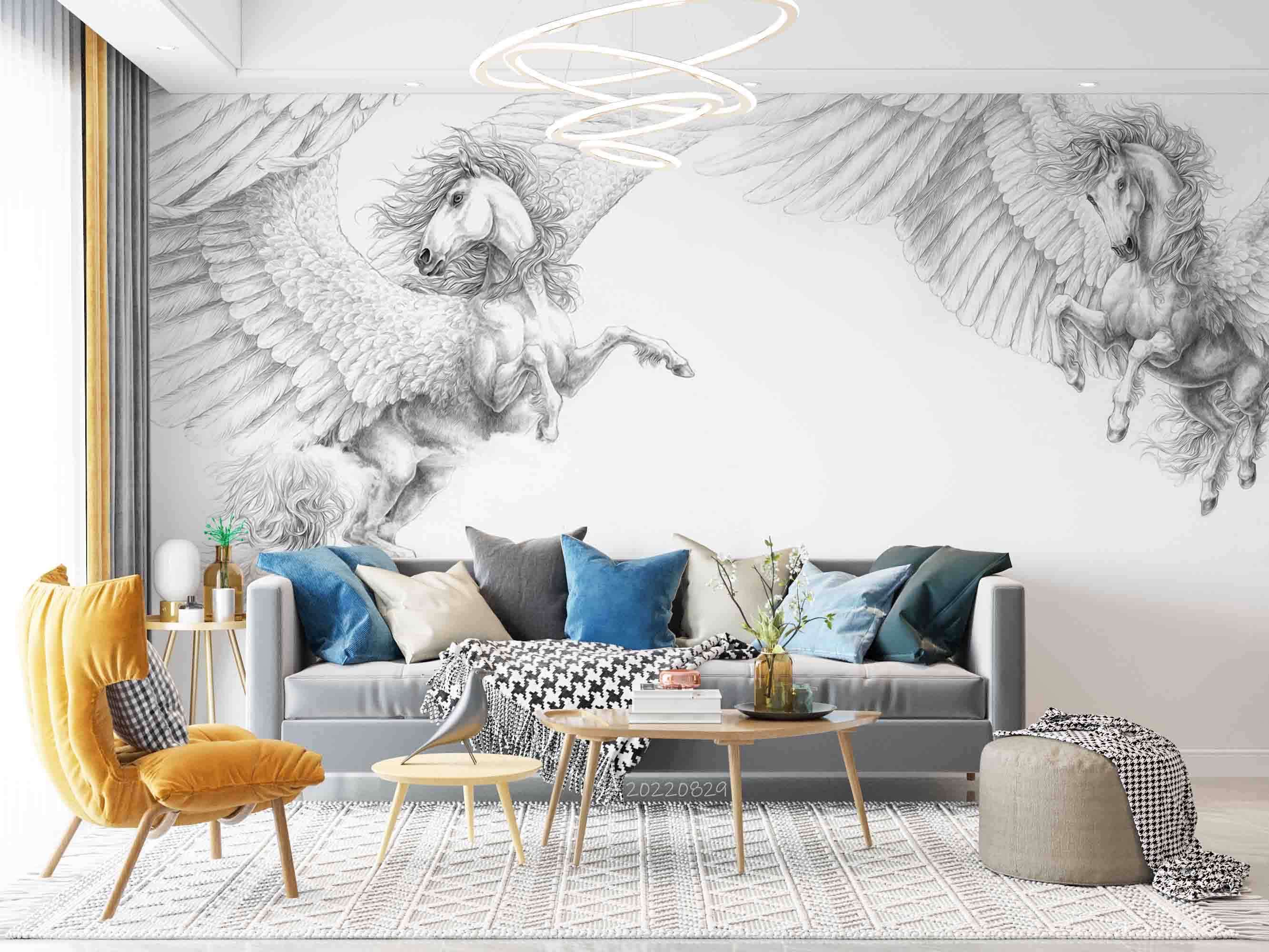 3D Vintage Sketch Wings Flying Horse Wall Mural Wallpaper GD 2688- Jess Art Decoration
