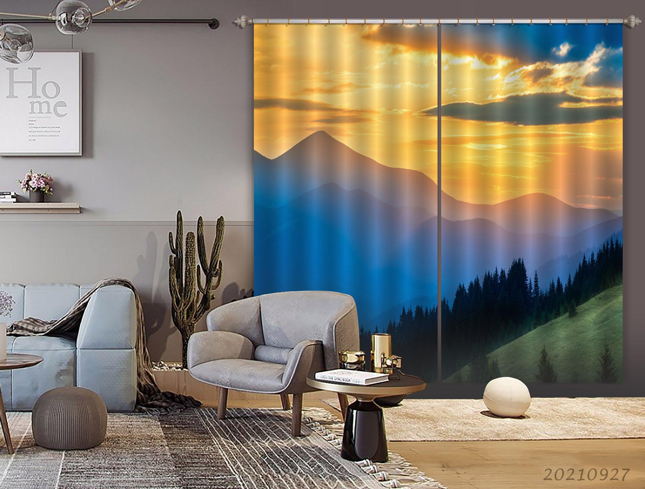 3D Sunset Sky Mountain Forest Landscape Curtains and Drapes LQH 229- Jess Art Decoration
