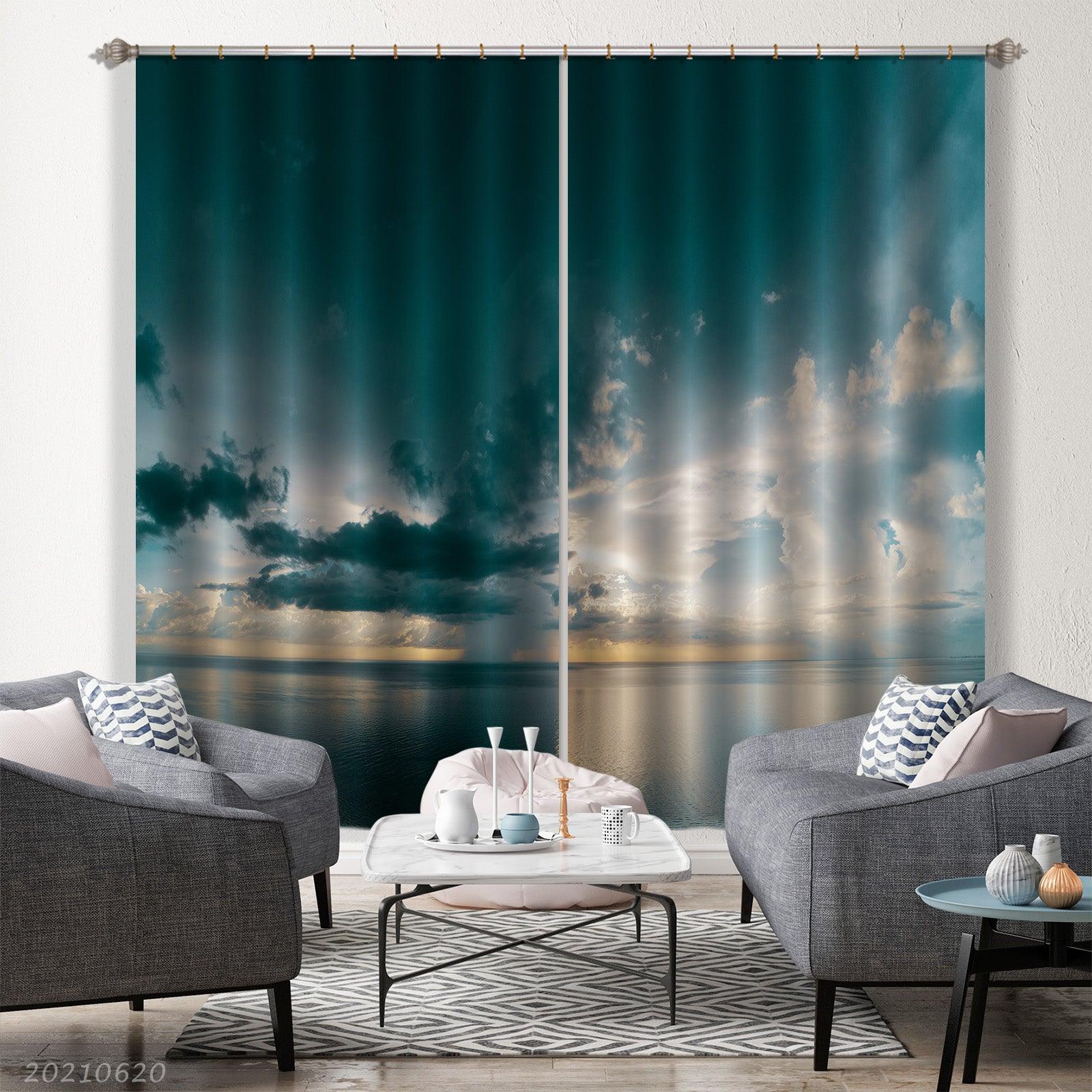 3D Calm Sea Dark Sky Clouds Skyline Curtains and Drapes GD 820- Jess Art Decoration