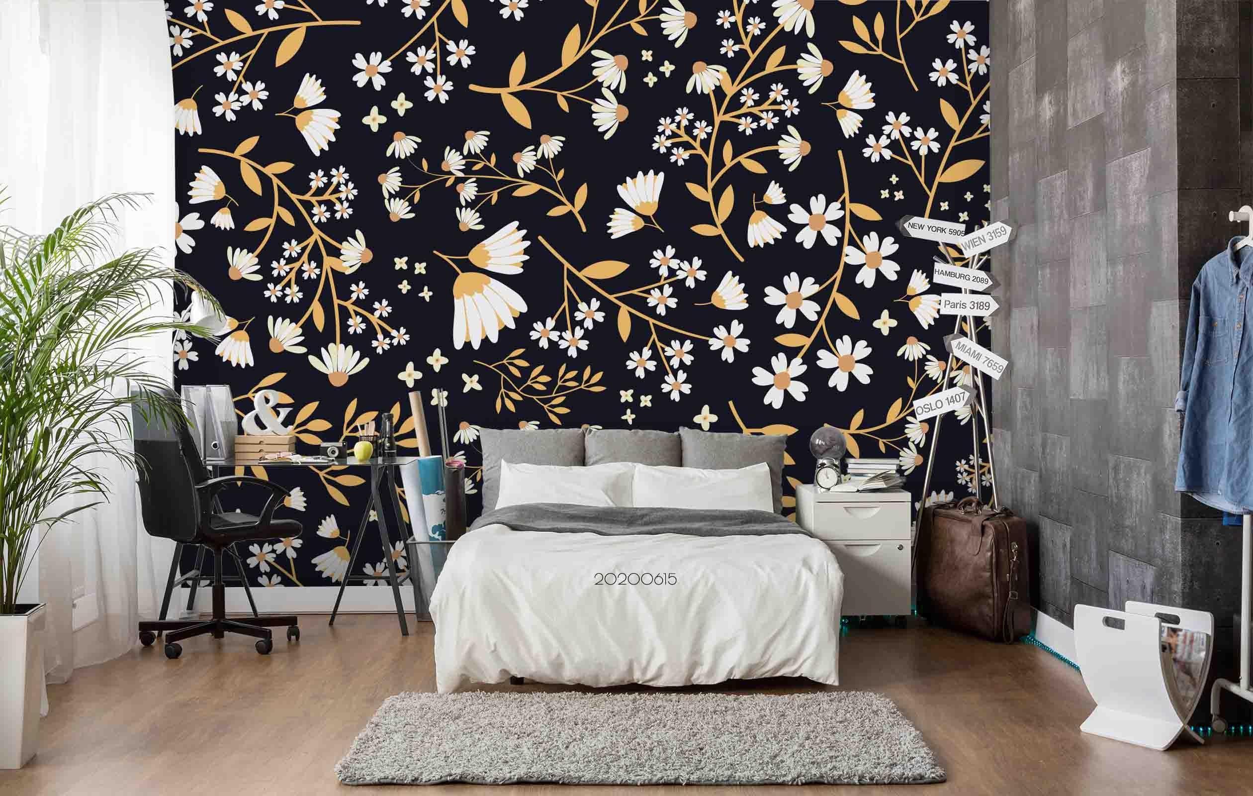 3D White Flowers Black Background Wall Mural Wallpaper A026 LQH- Jess Art Decoration