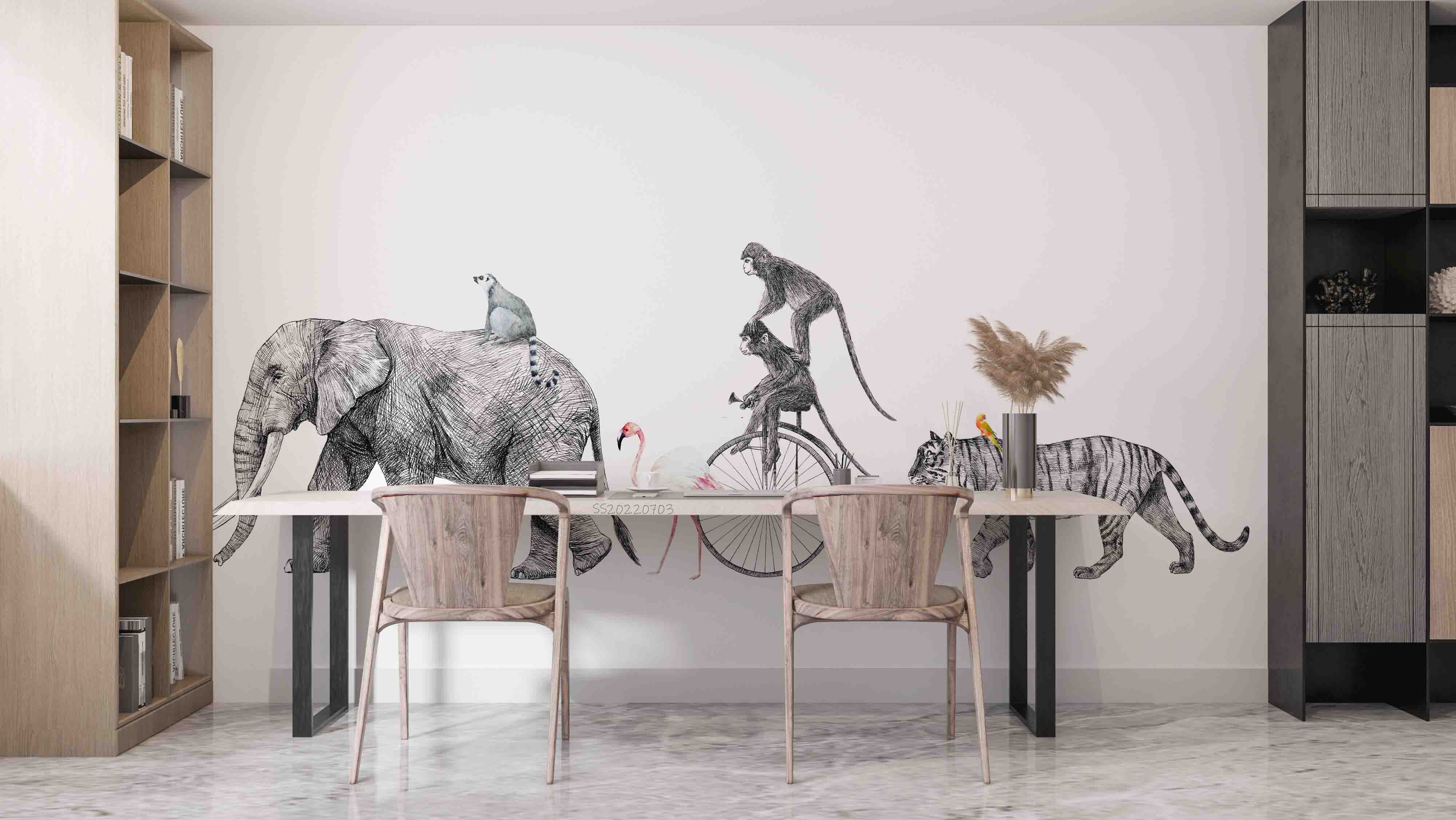 3D Safari Elephant Tiger Monkey Flamingo Bike Wall Mural Wallpaper GD 1030- Jess Art Decoration