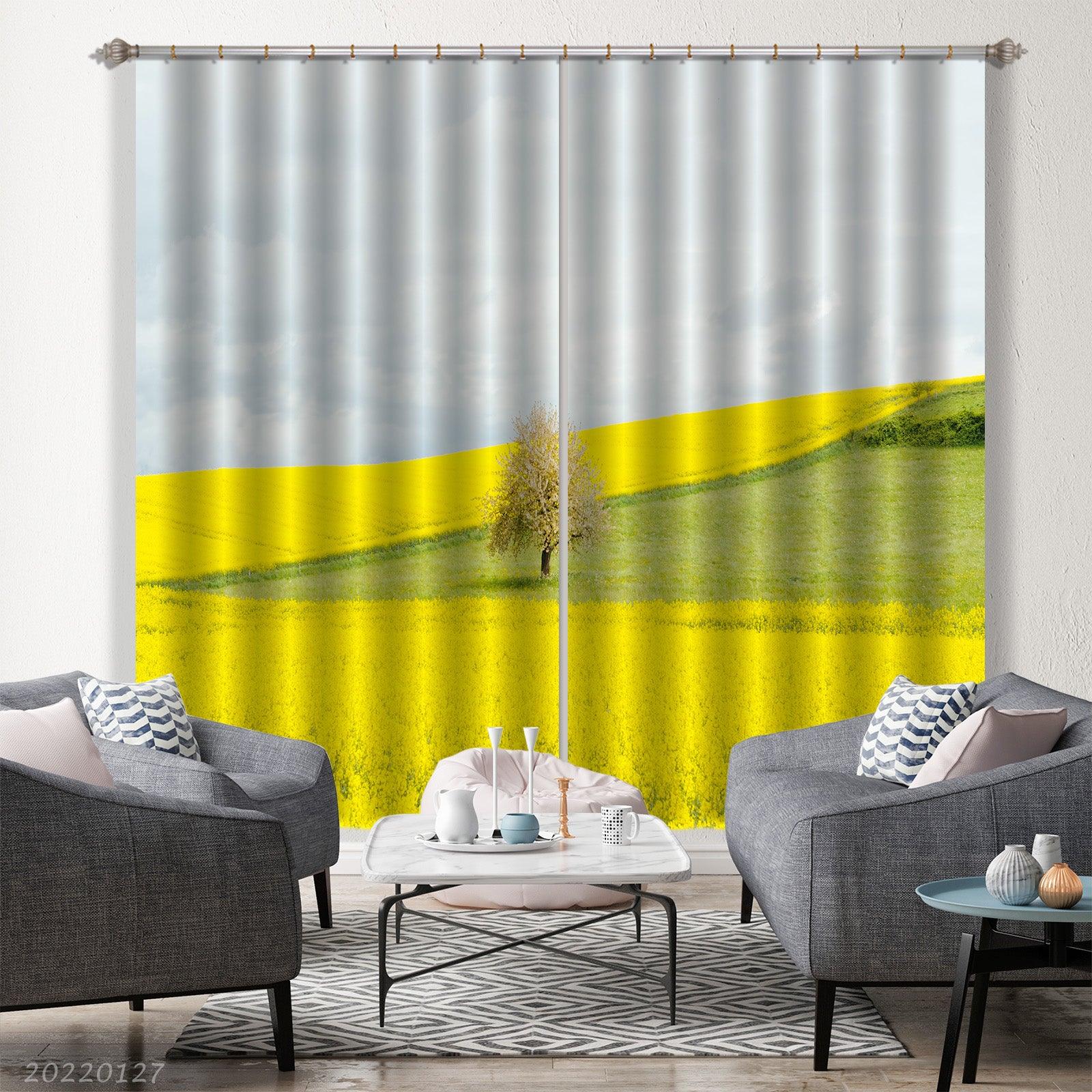 3D Yellow Rape Flower Field Tree Green Meadow Curtains and Drapes GD 1485- Jess Art Decoration