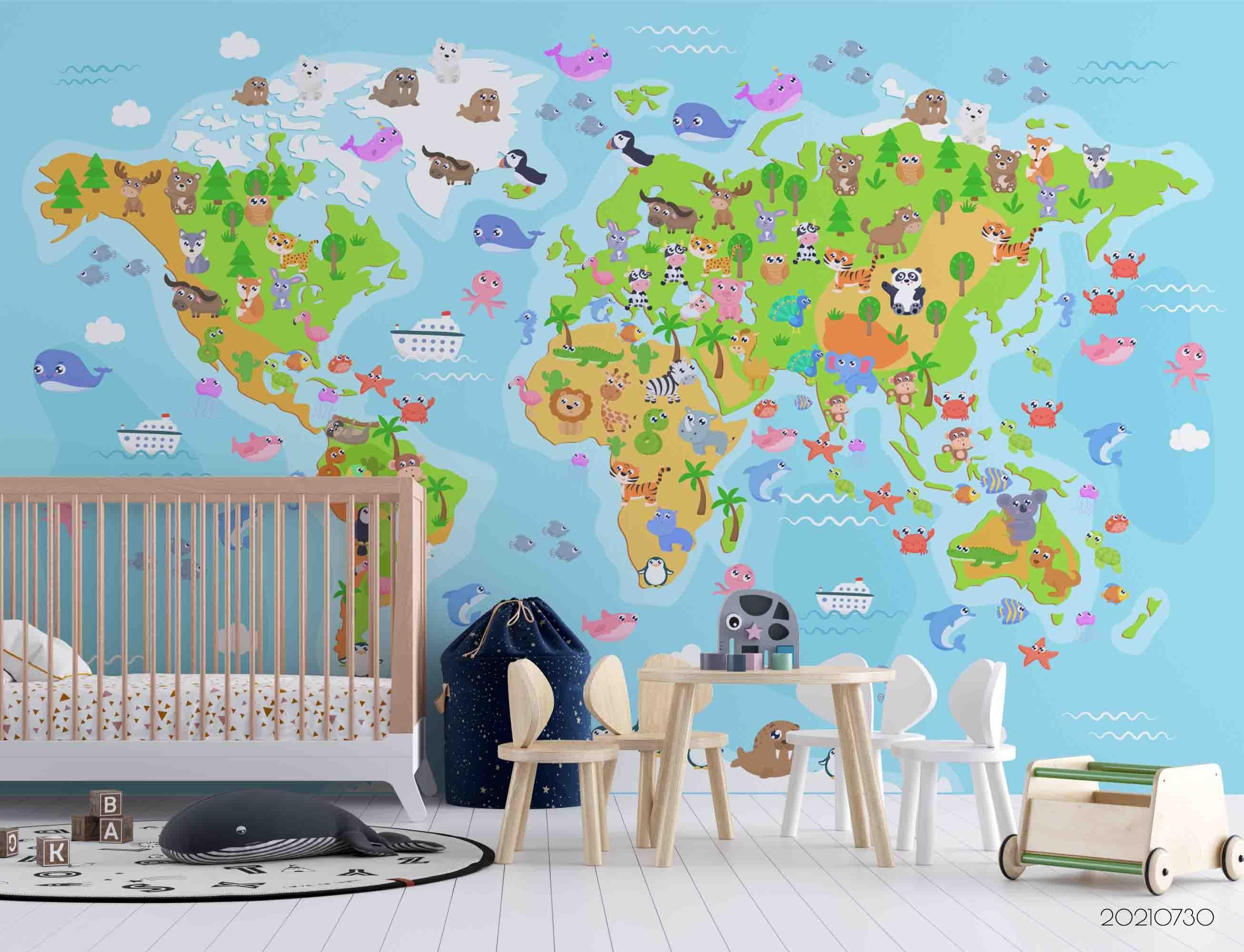 3D Animal Map World Cartoon Wall Mural Wallpaper SWW4452- Jess Art Decoration