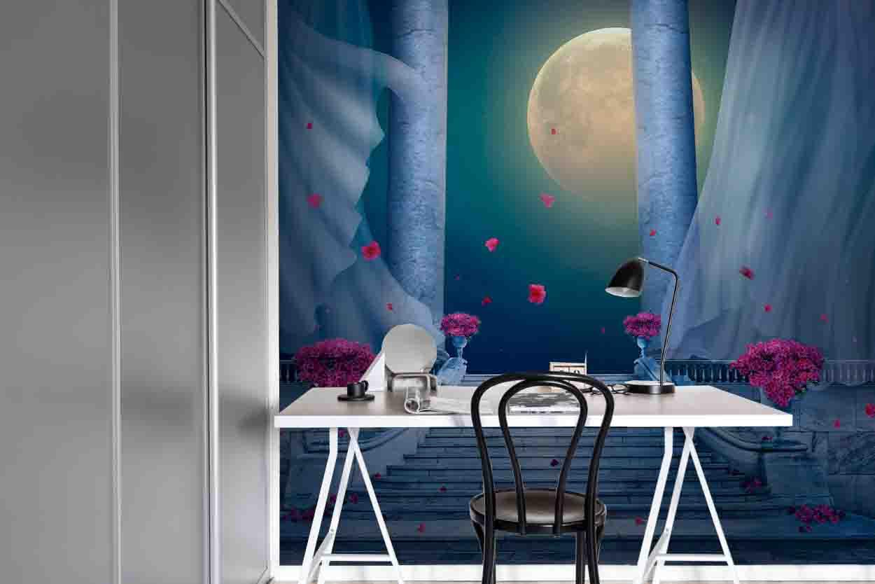 3D Moon Sky Flower Steps Curtain Pillar Wall Mural Wallpaper 95- Jess Art Decoration
