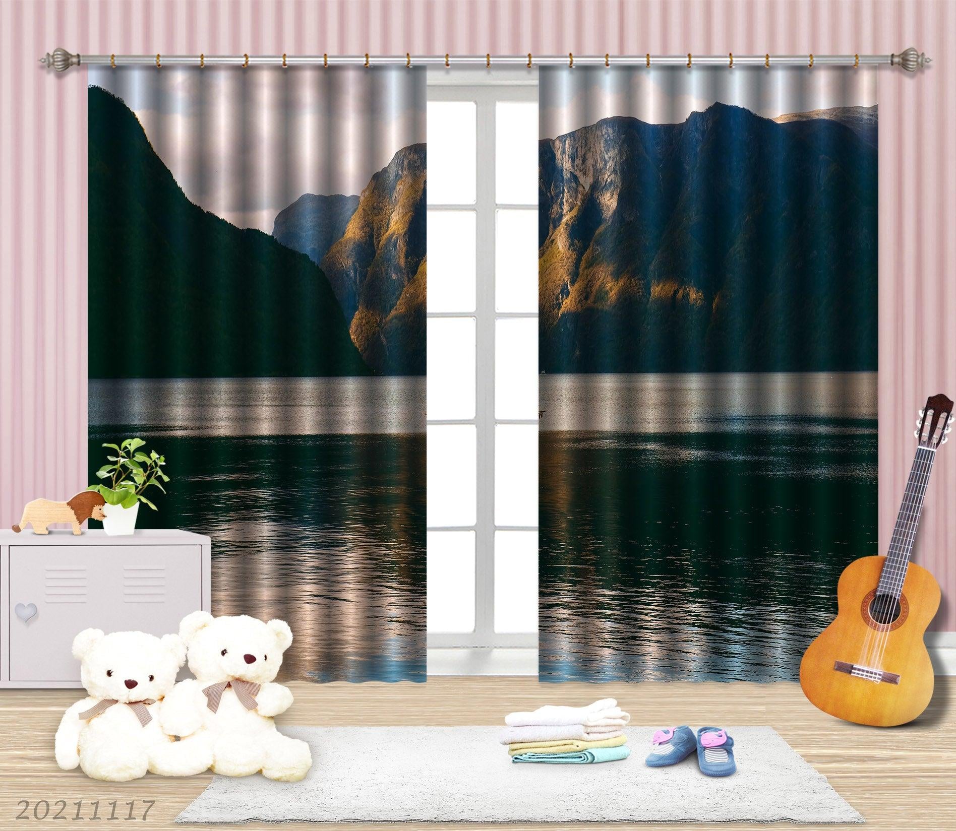3D Mountain Forest River Nature Landscape Curtains and Drapes LQH 9- Jess Art Decoration