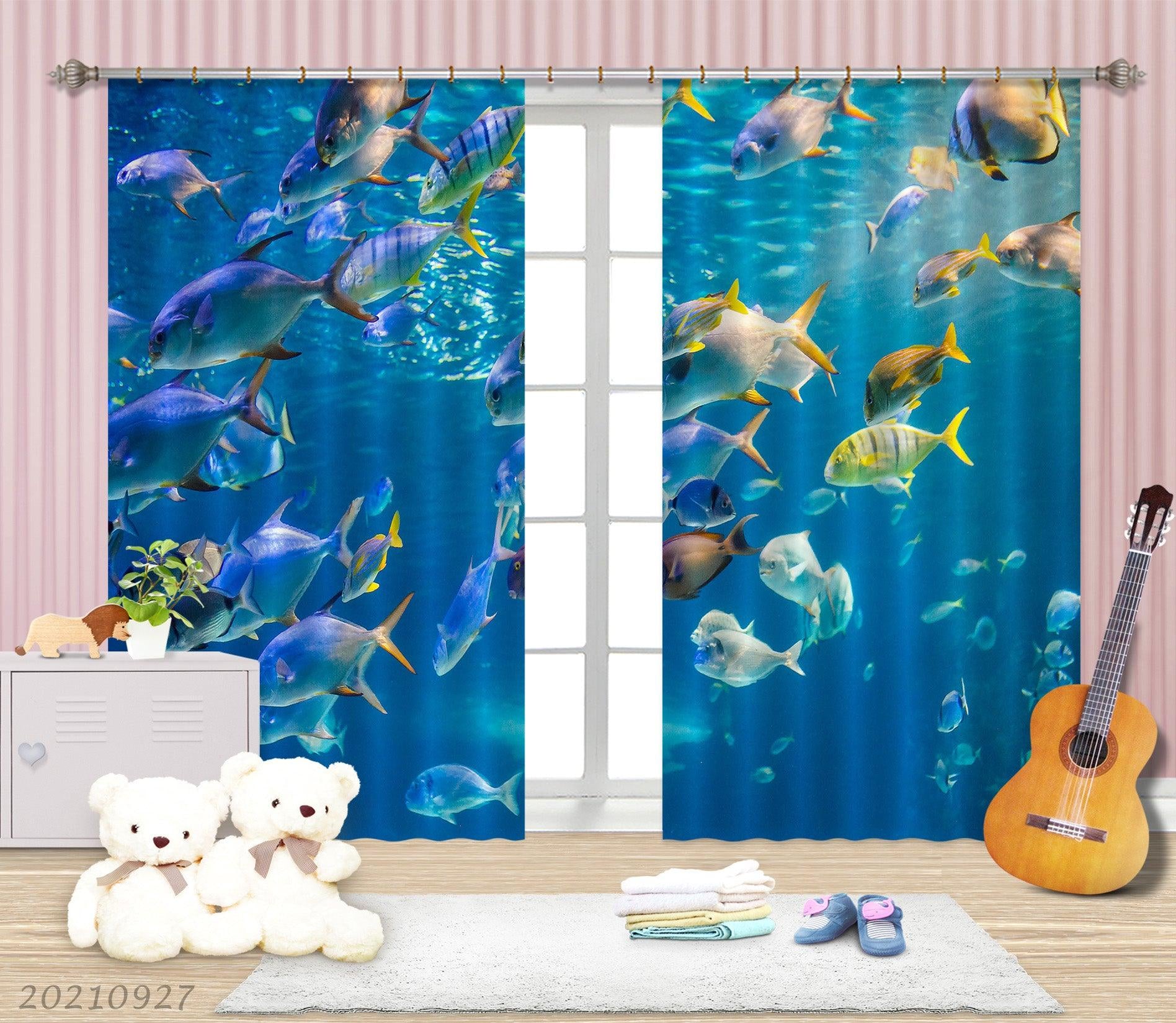 3D Blue Ocean School of Fish Curtains and Drapes LQH 295- Jess Art Decoration