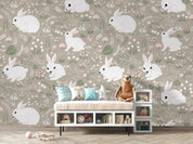 3D Cartoon Floral Bunny Grey Wall Mural Wallpaper LXL 795- Jess Art Decoration