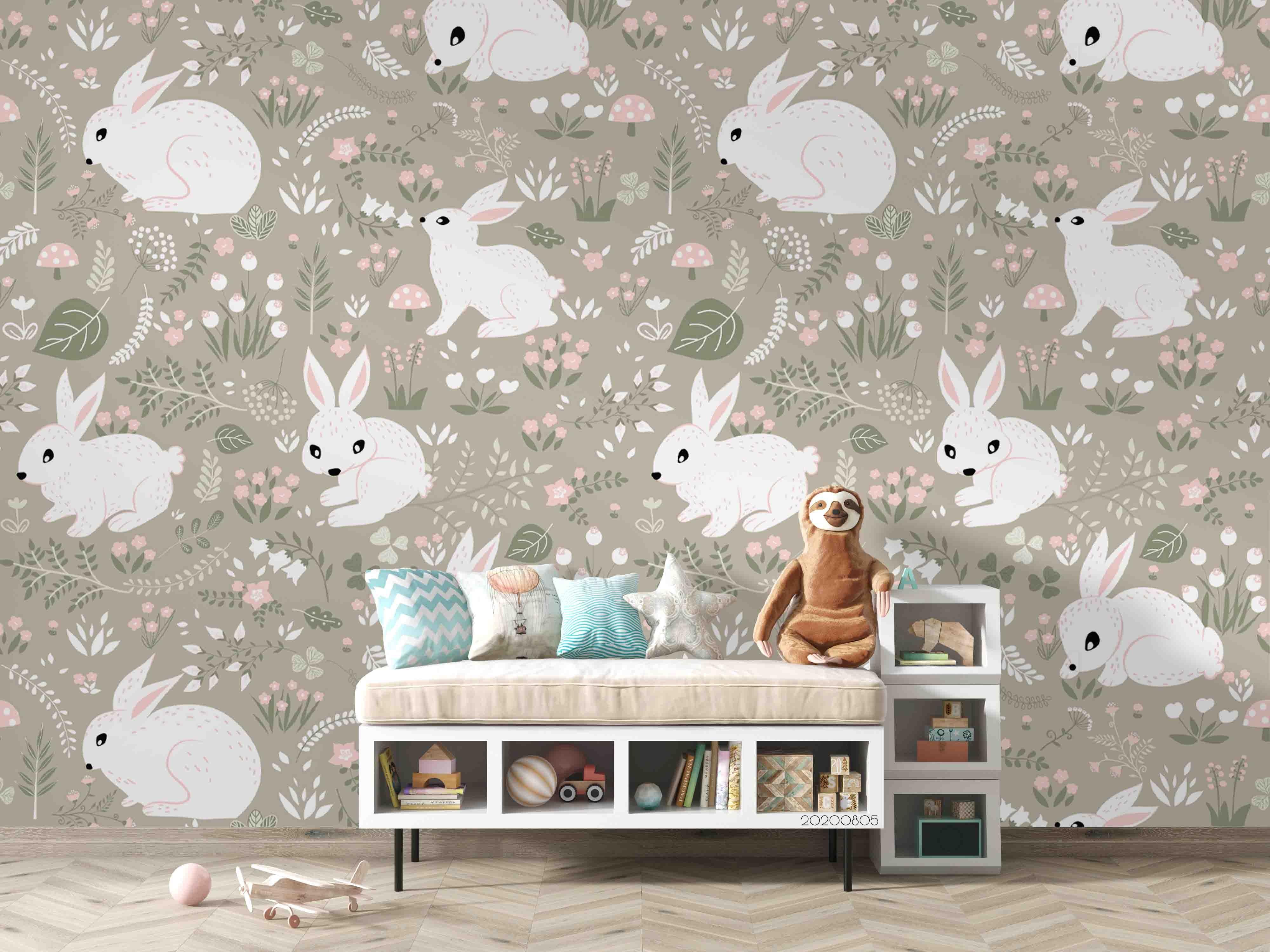 3D Cartoon Floral Bunny Grey Wall Mural Wallpaper LXL 795- Jess Art Decoration