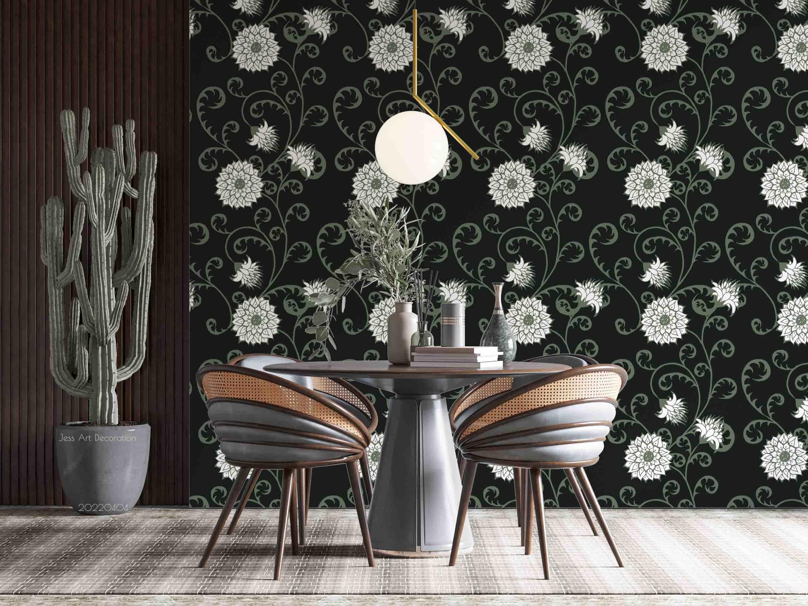 3D Vintage Plants Floral Black Background Wall Mural Wallpaper GD 4010- Jess Art Decoration