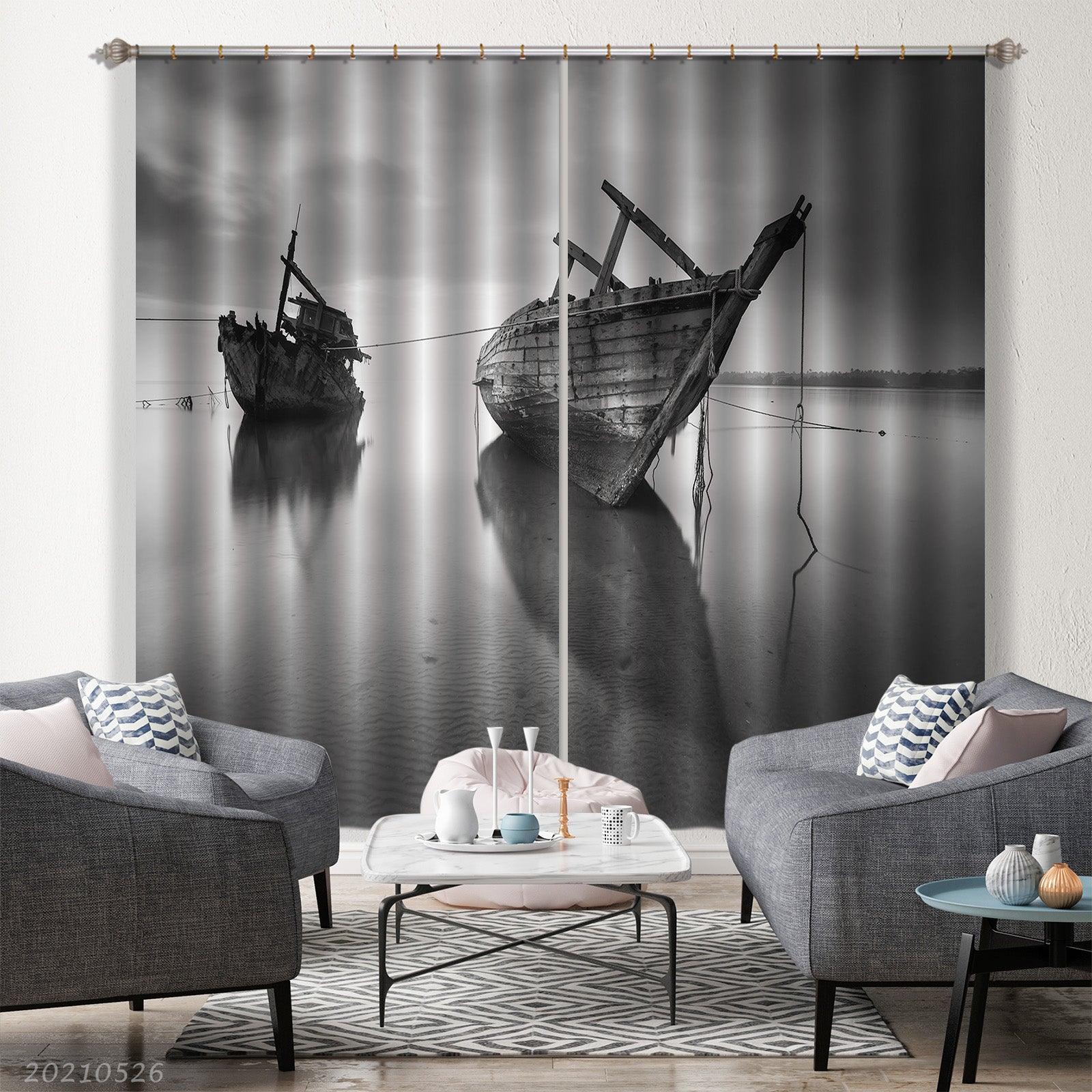 3D Vintage Black Water Surface Boat Curtains and Drapes GD 224- Jess Art Decoration