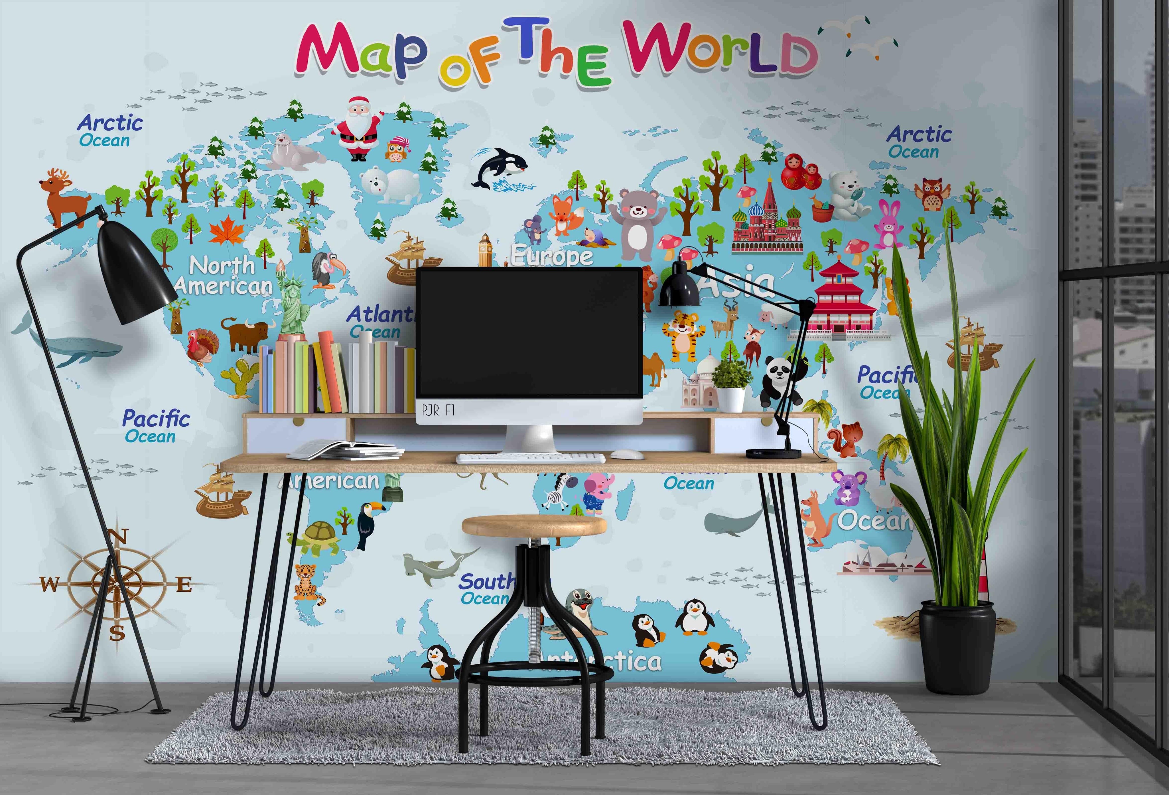 3D Cartoon World Map Wall Mural Wallpaper WJ 2083- Jess Art Decoration