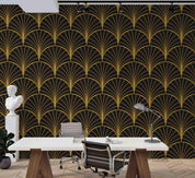 3D Black Golden Fan Geometry art deco fan geometric pattern wall mural wallpaper for dining room - view 4