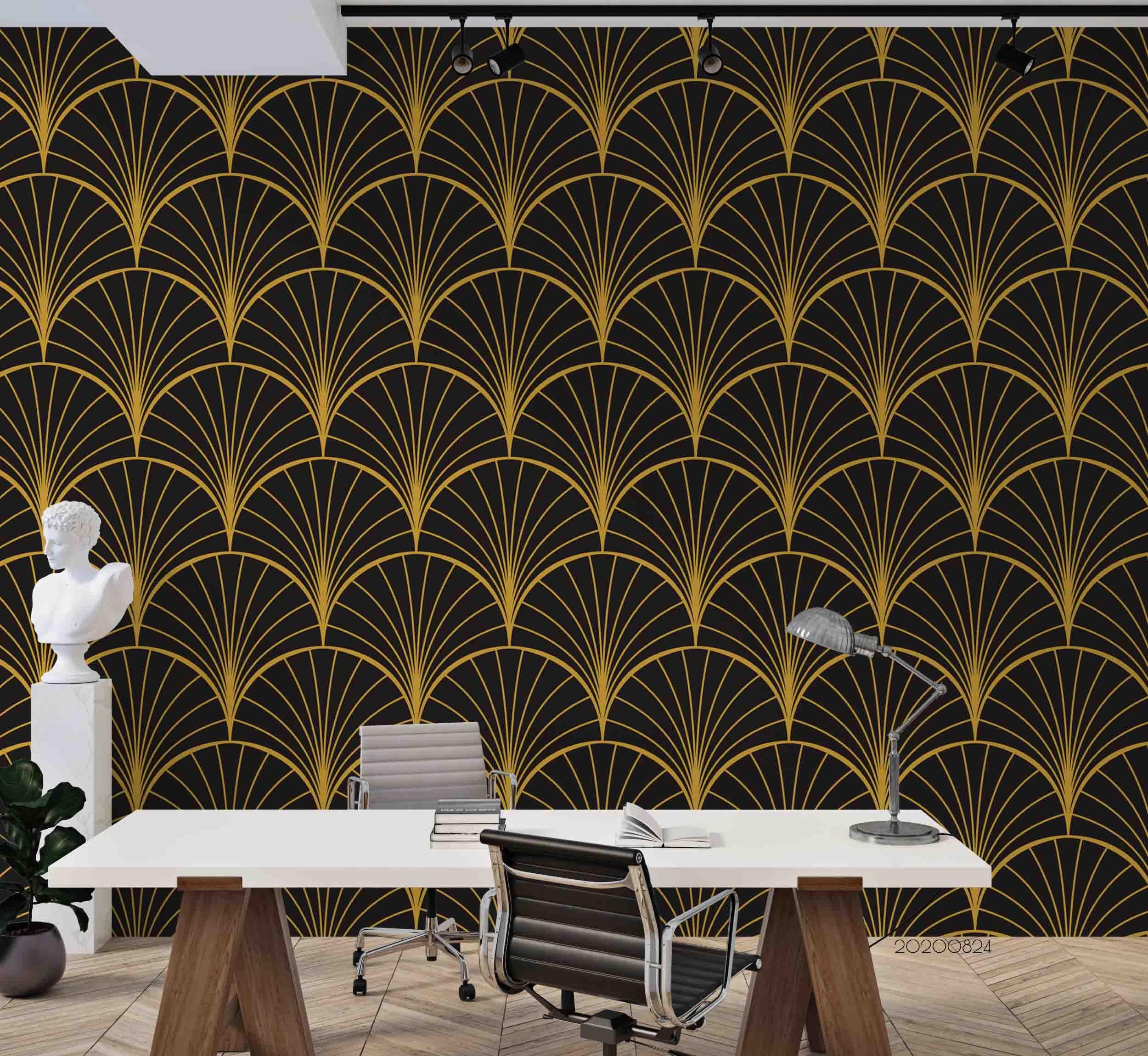 3D Black Golden Fan Geometry art deco fan geometric pattern wall mural wallpaper for dining room - view 4