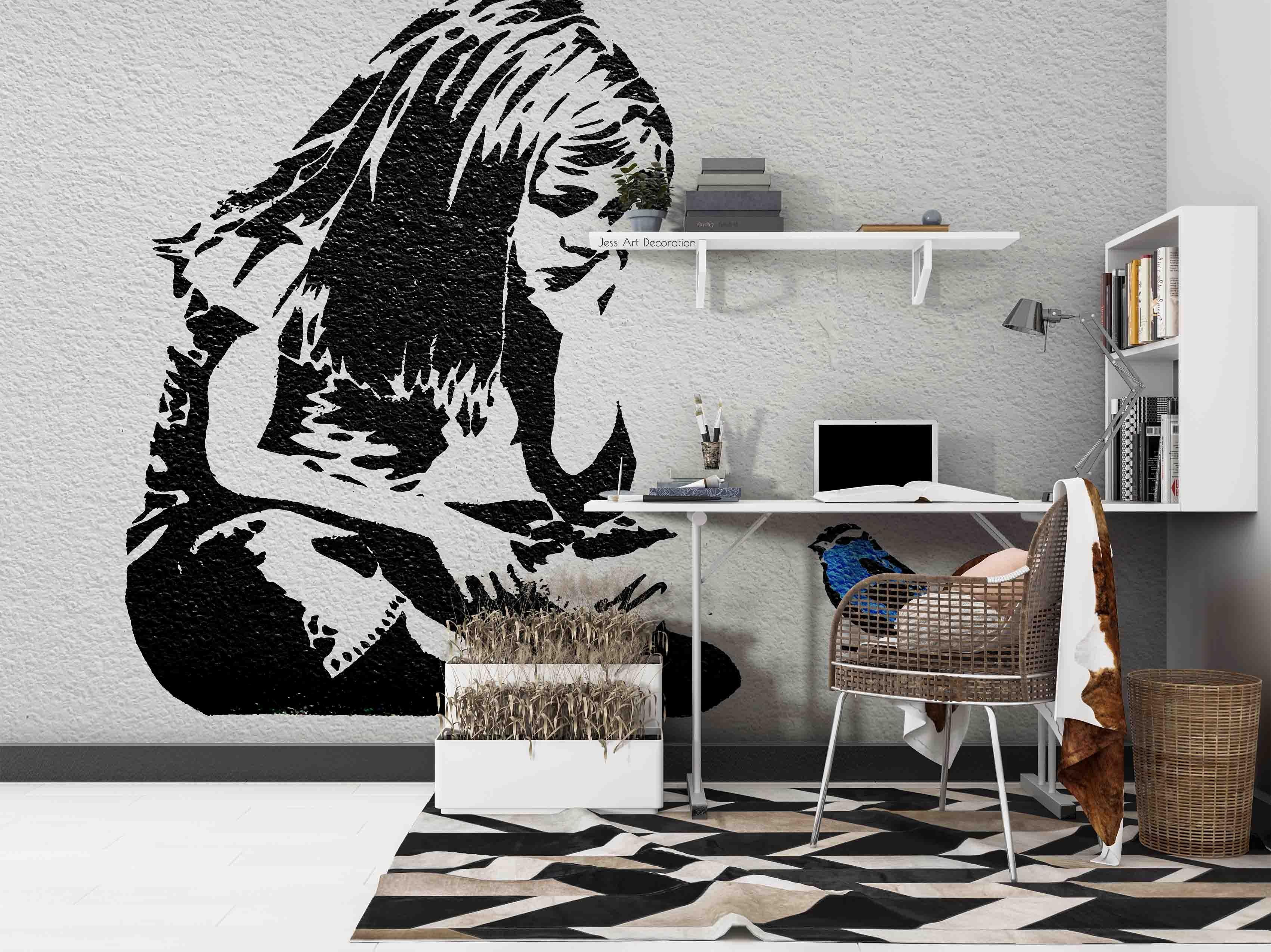 3D Sketch Girl Bird black white sketch girl mural wall mural wallpaper for bedroom - view 4